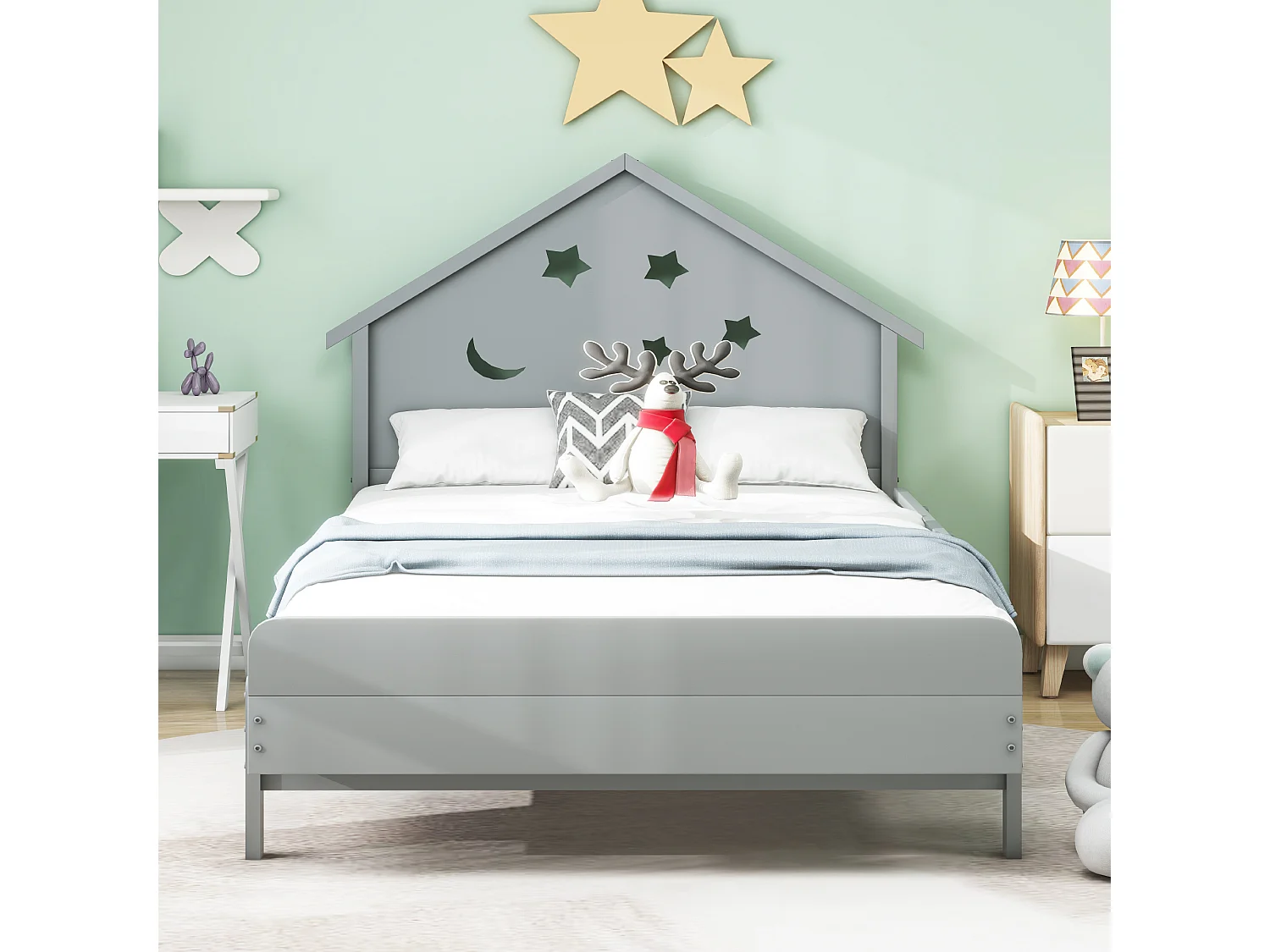 Kinderbed 90 x 200 cm met hoofdeinde - Massief hout - Sterrenmaanmotief - Grijs