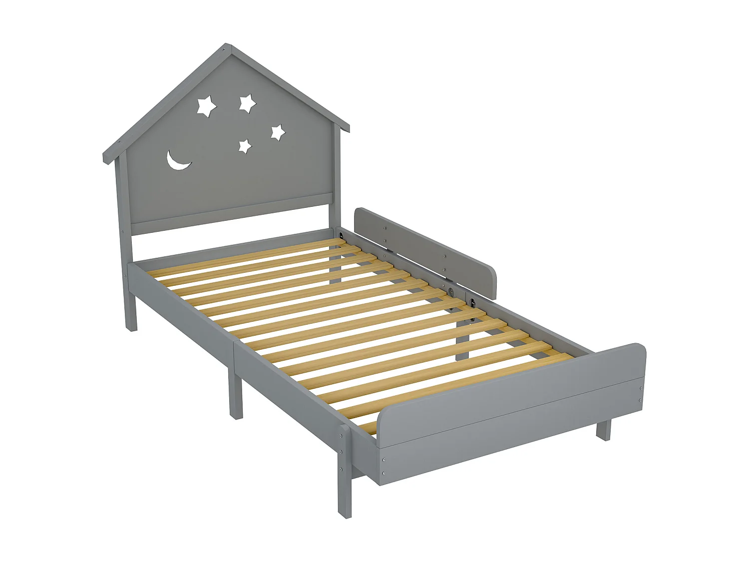 Kinderbed 90 x 200 cm met hoofdeinde - Massief hout - Sterrenmaanmotief - Grijs