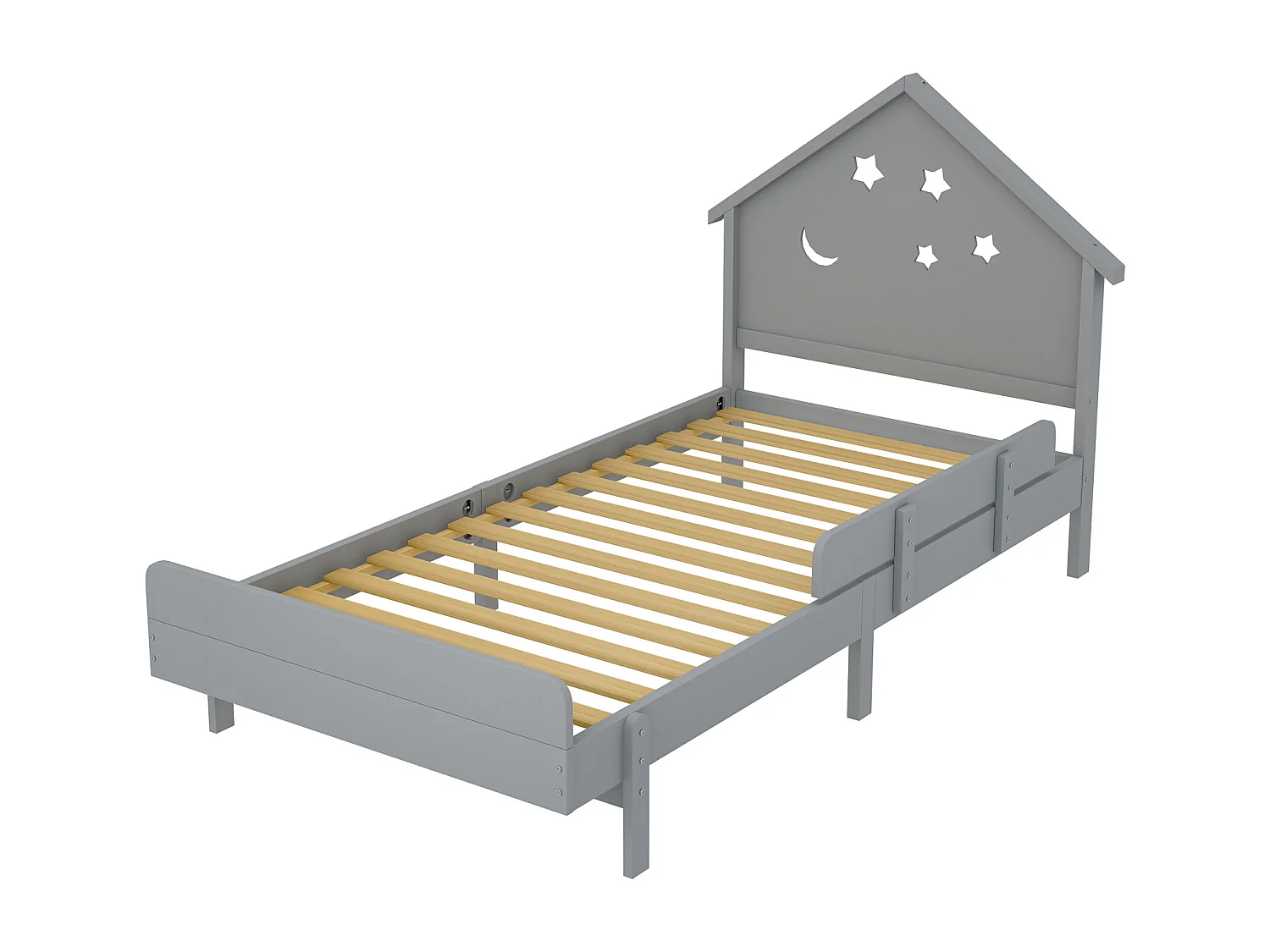 Kinderbed 90 x 200 cm met hoofdeinde - Massief hout - Sterrenmaanmotief - Grijs