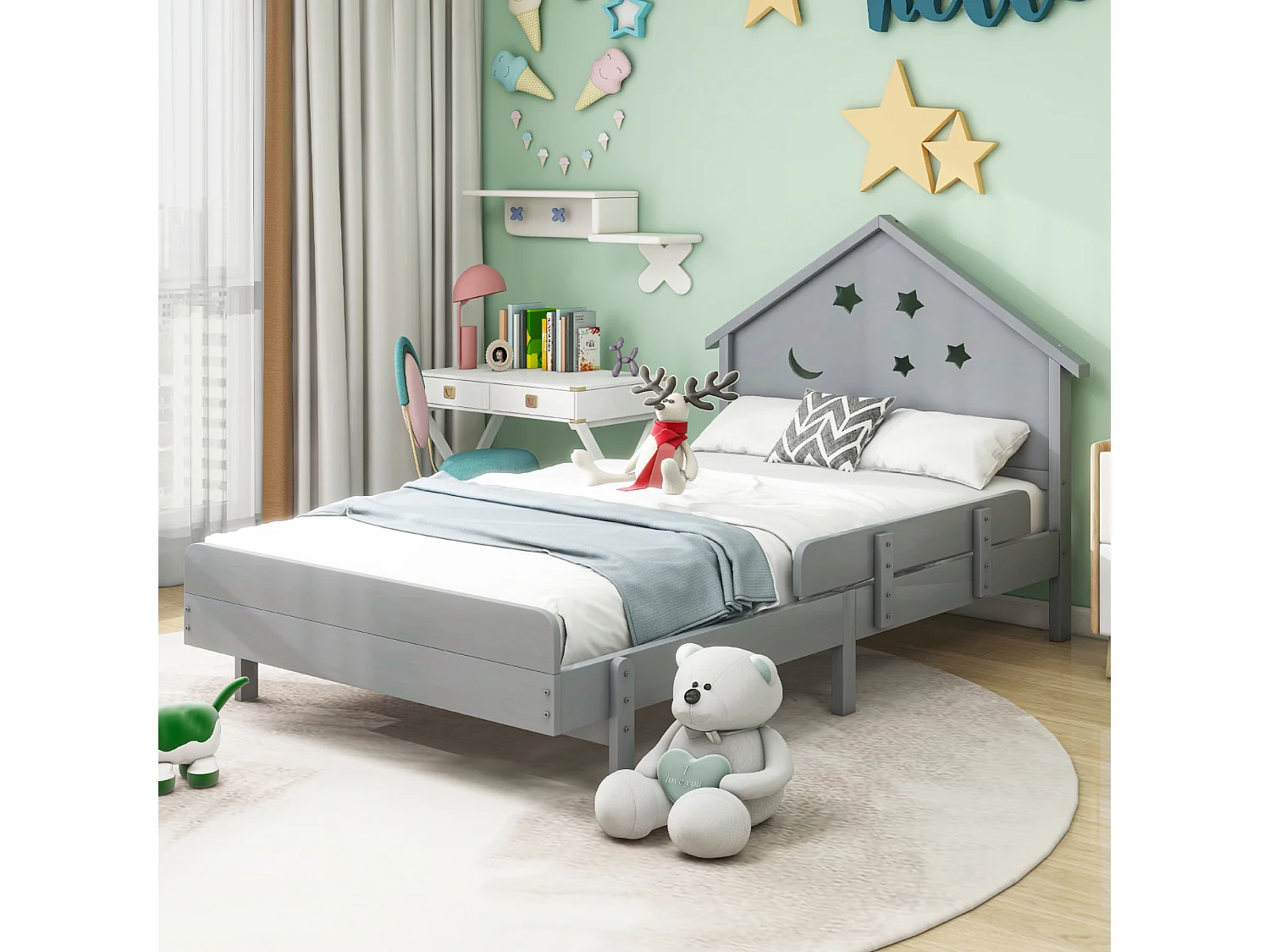 Kinderbed 90 x 200 cm met hoofdeinde - Massief hout - Sterrenmaanmotief - Grijs