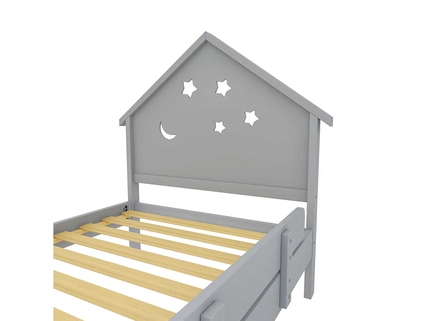 Kinderbed 90 x 200 cm met hoofdeinde - Massief hout - Sterrenmaanmotief - Grijs