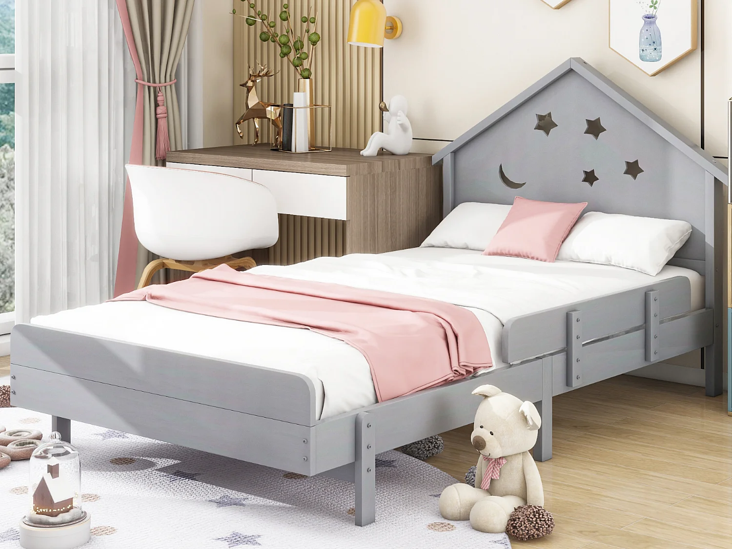 Kinderbed 90 x 200 cm met hoofdeinde - Massief hout - Sterrenmaanmotief - Grijs