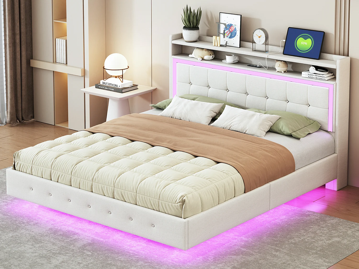 Letto imbottito 160 x 200 cm con testiera - presa USB + led - tessuto lino - beige