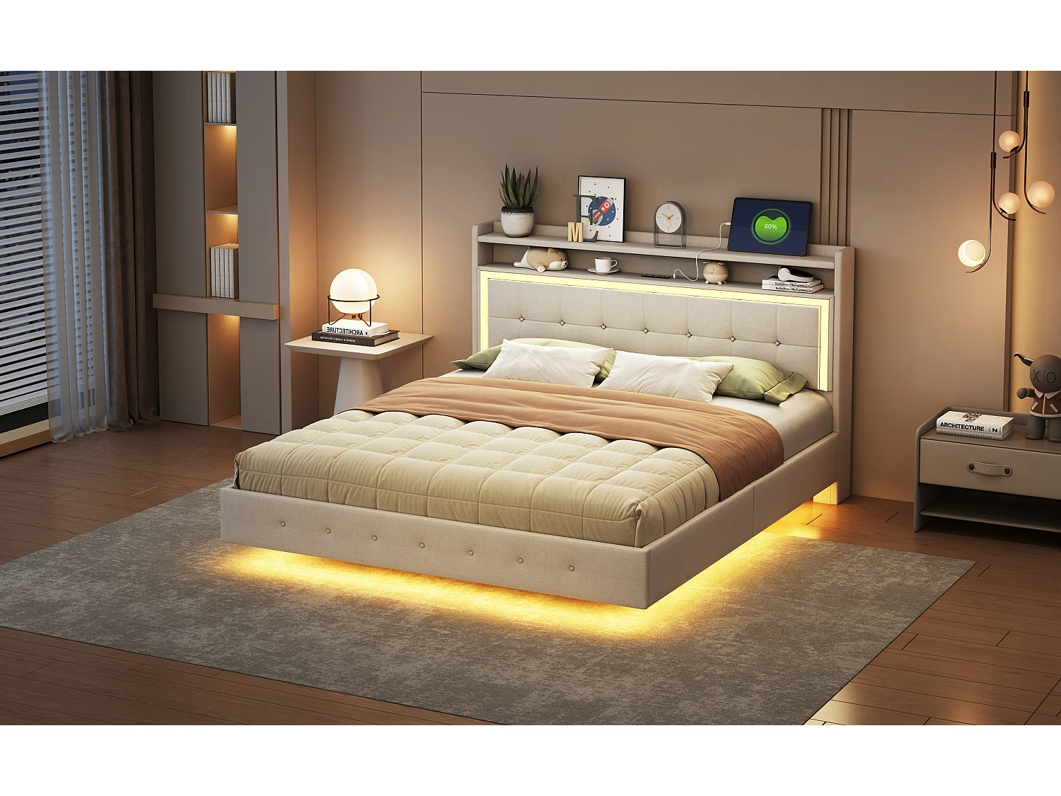 Letto imbottito 160 x 200 cm con testiera - presa USB + led - tessuto lino - beige