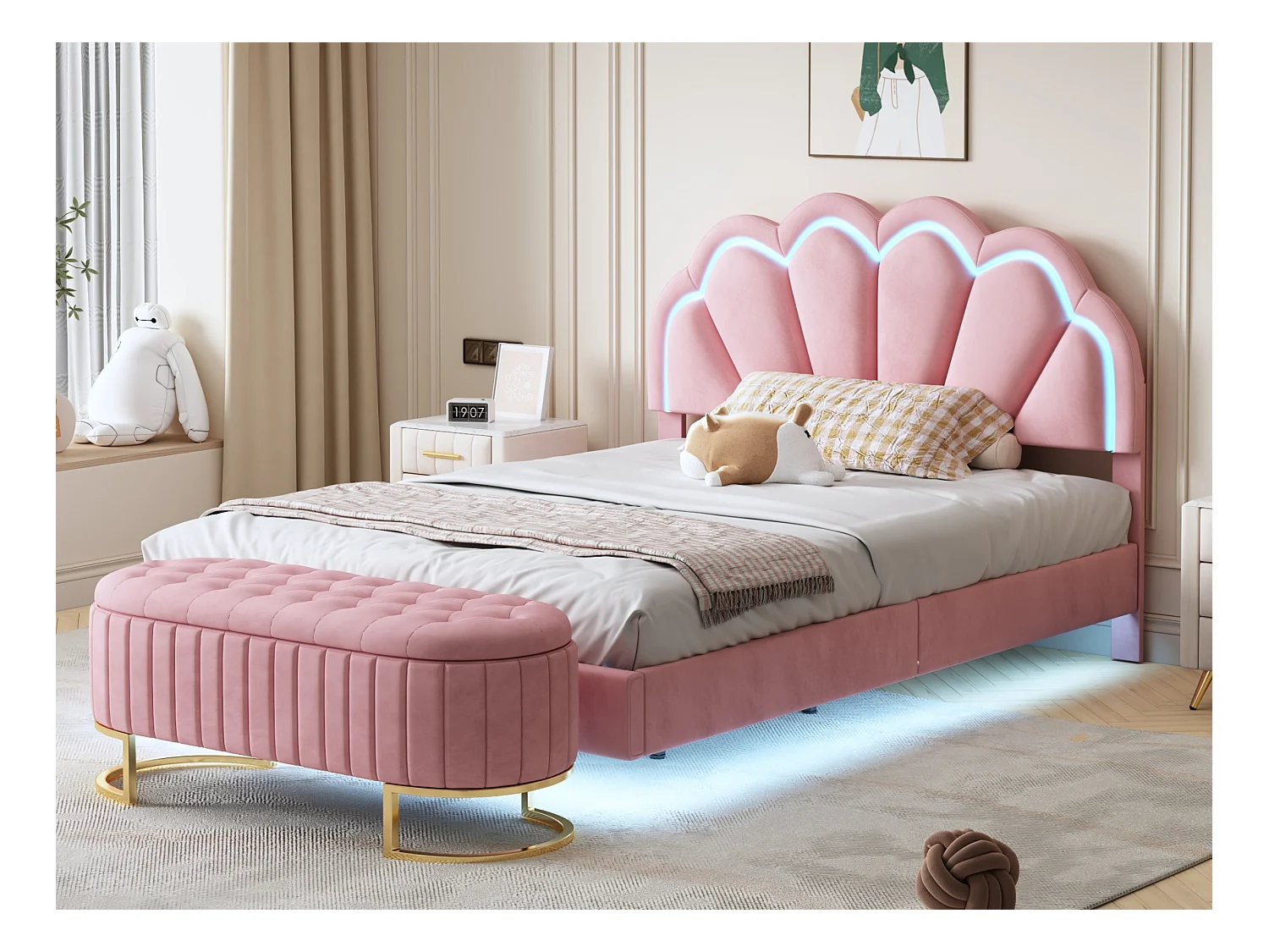 Lit rembourré 140 x 200 cm avec banquette escamotable - LEDs - Velours - Rose