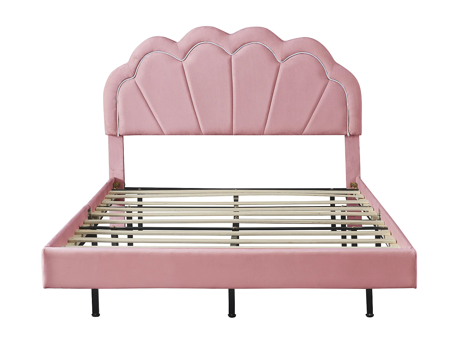 Letto imbottito 140 x 200 cm con panca retrattile - LED - Velluto - Rosa