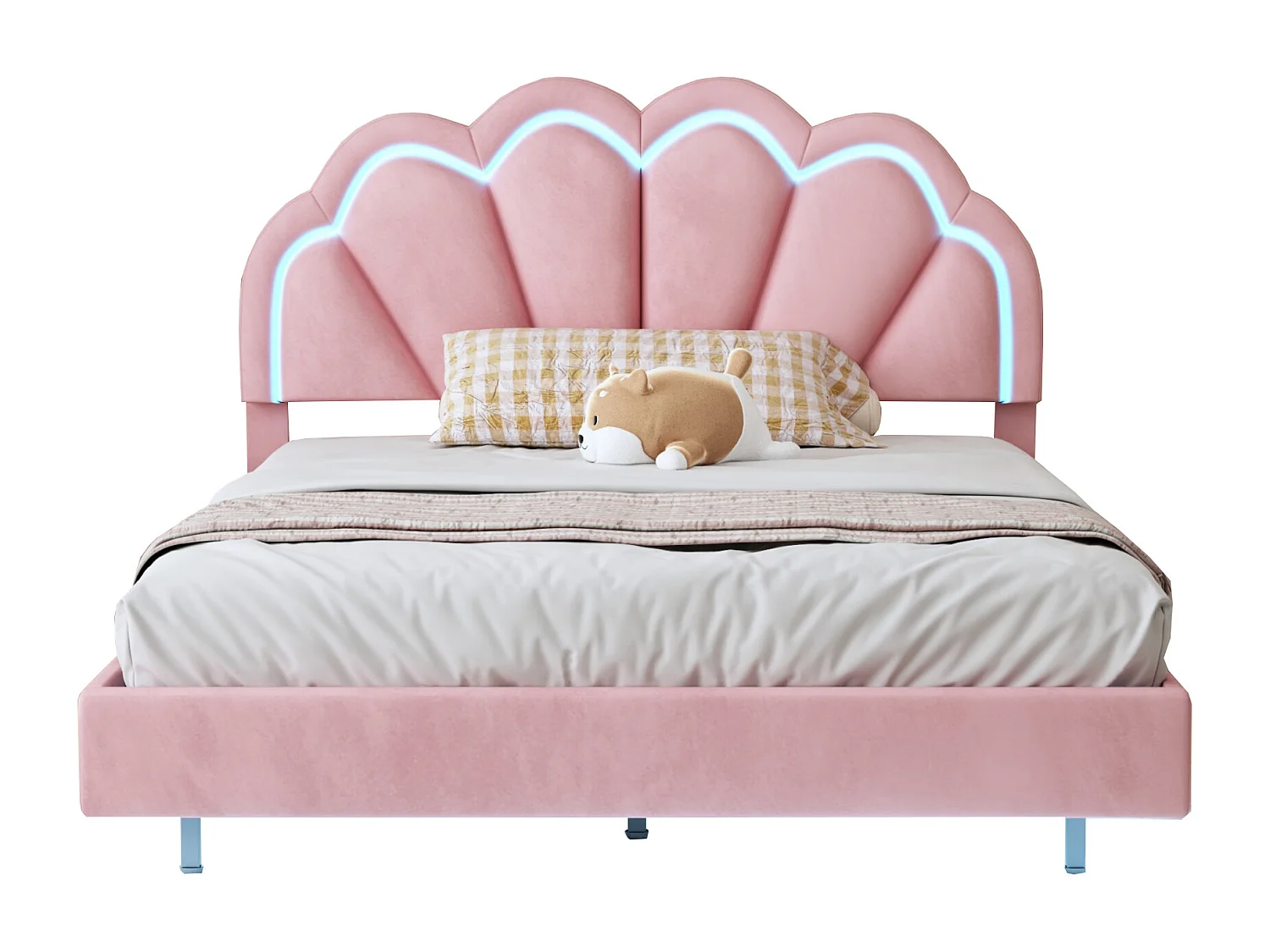 Letto imbottito 140 x 200 cm con panca retrattile - LED - Velluto - Rosa