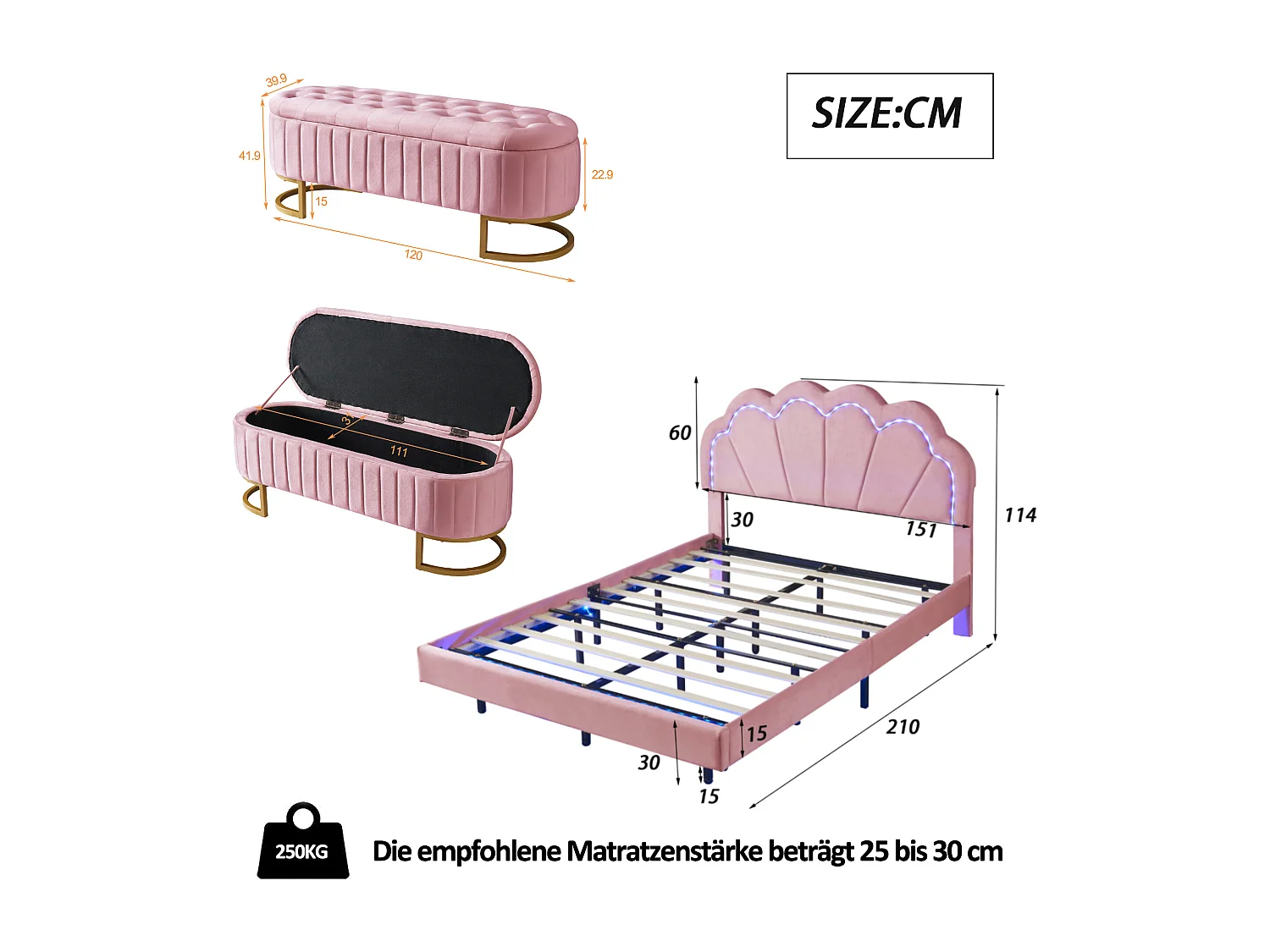 Lit rembourré 140 x 200 cm avec banquette escamotable - LEDs - Velours - Rose