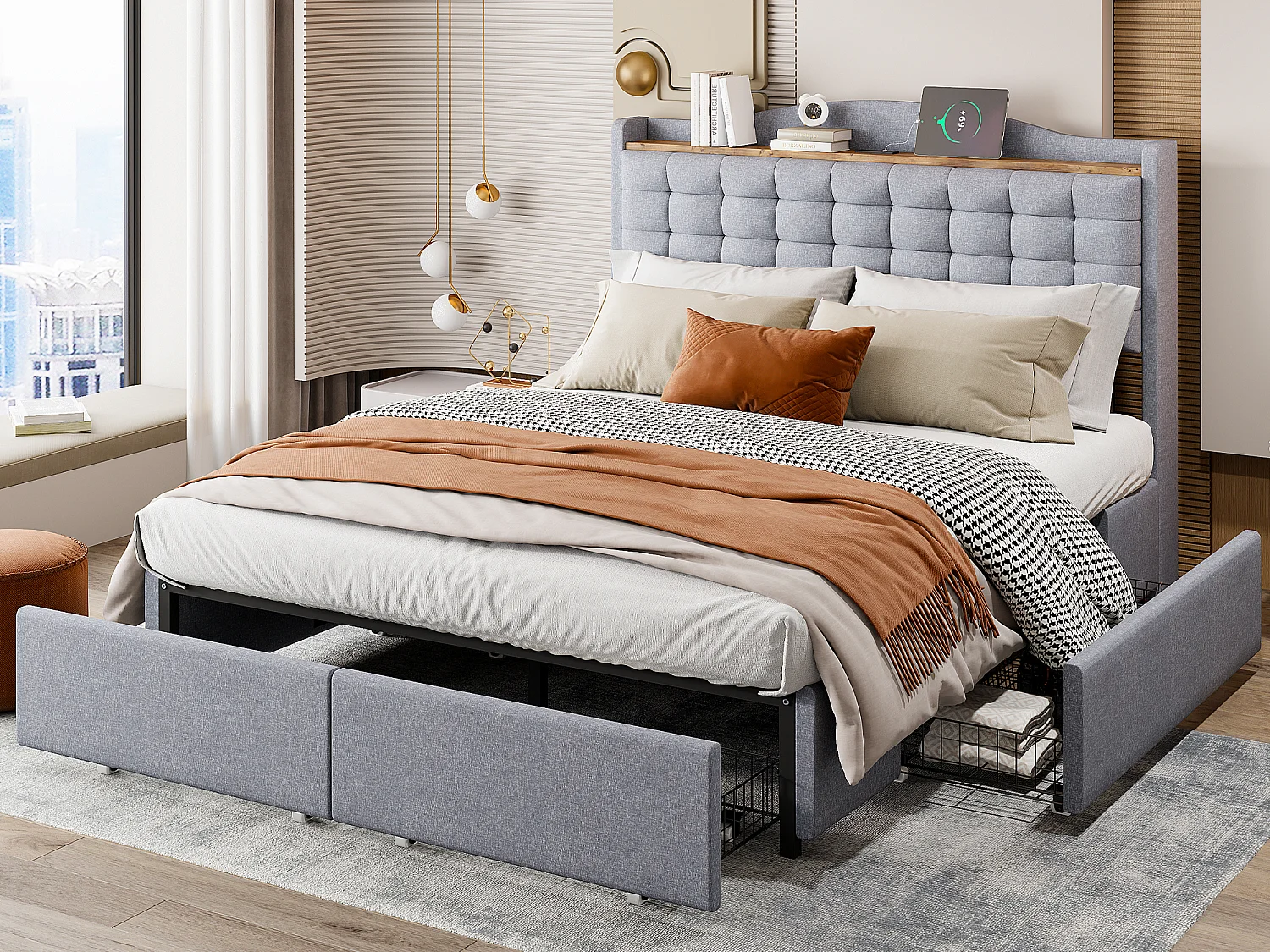 Gestoffeerd bed 140 x 200 cm met 4 lades en plank - USB-oplaadpoort - grijs