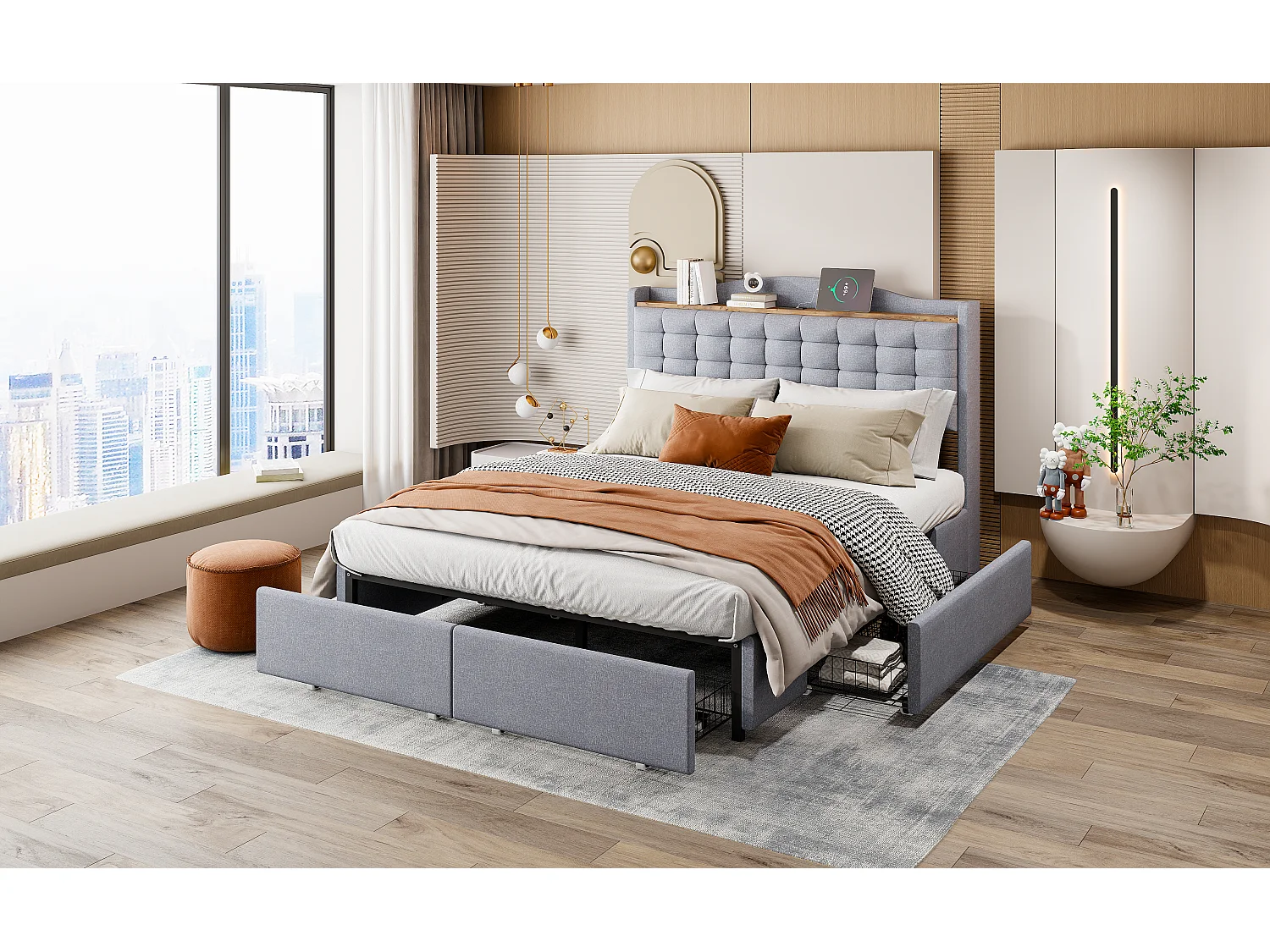 Gestoffeerd bed 140 x 200 cm met 4 lades en plank - USB-oplaadpoort - grijs