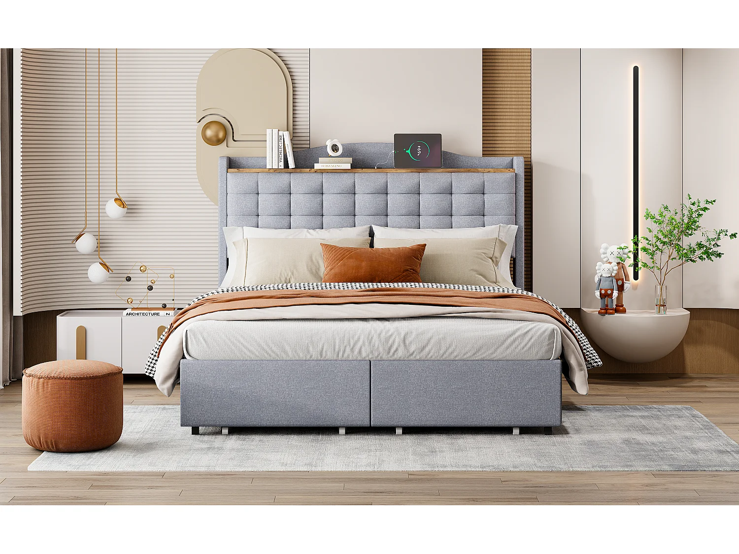 Gestoffeerd bed 140 x 200 cm met 4 lades en plank - USB-oplaadpoort - grijs