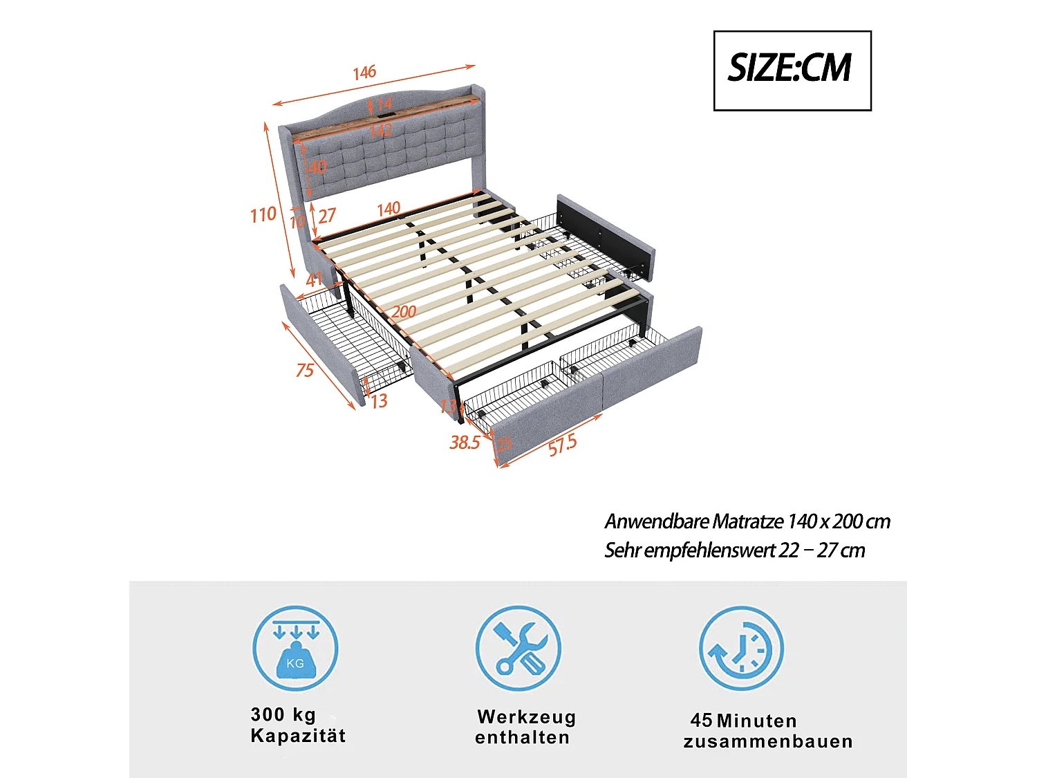 Gestoffeerd bed 140 x 200 cm met 4 lades en plank - USB-oplaadpoort - grijs