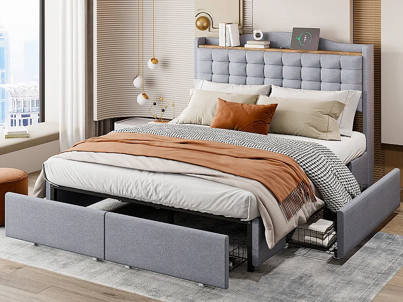 Gestoffeerd bed 140 x 200 cm met 4 lades en plank - USB-oplaadpoort - grijs