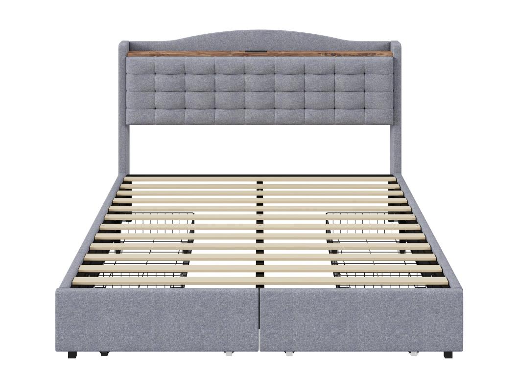 Gestoffeerd bed 140 x 200 cm met 4 lades en plank - USB-oplaadpoort - grijs