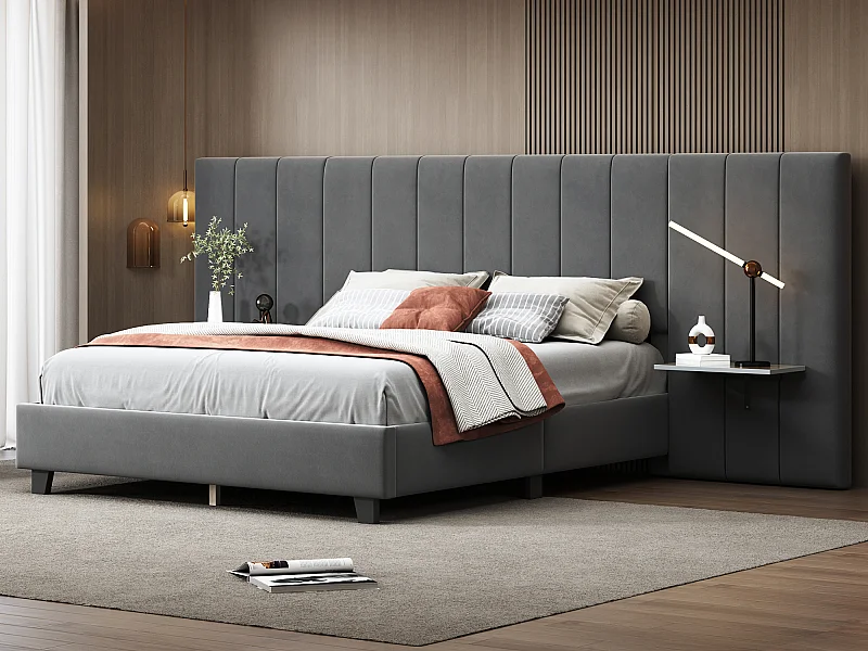 Polsterbett 160 x 200 cm mit verlängertem Kopfteil und Rückenlehne – Ablagen – Samt – Grau