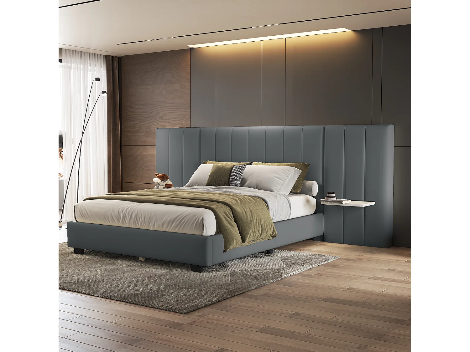 Gestoffeerd bed 160 x 200 cm met langwerpig hoofdeinde en rugleuning - planken - fluweel - grijs