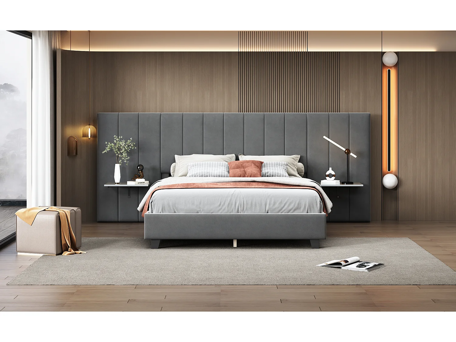 Gestoffeerd bed 160 x 200 cm met langwerpig hoofdeinde en rugleuning - planken - fluweel - grijs