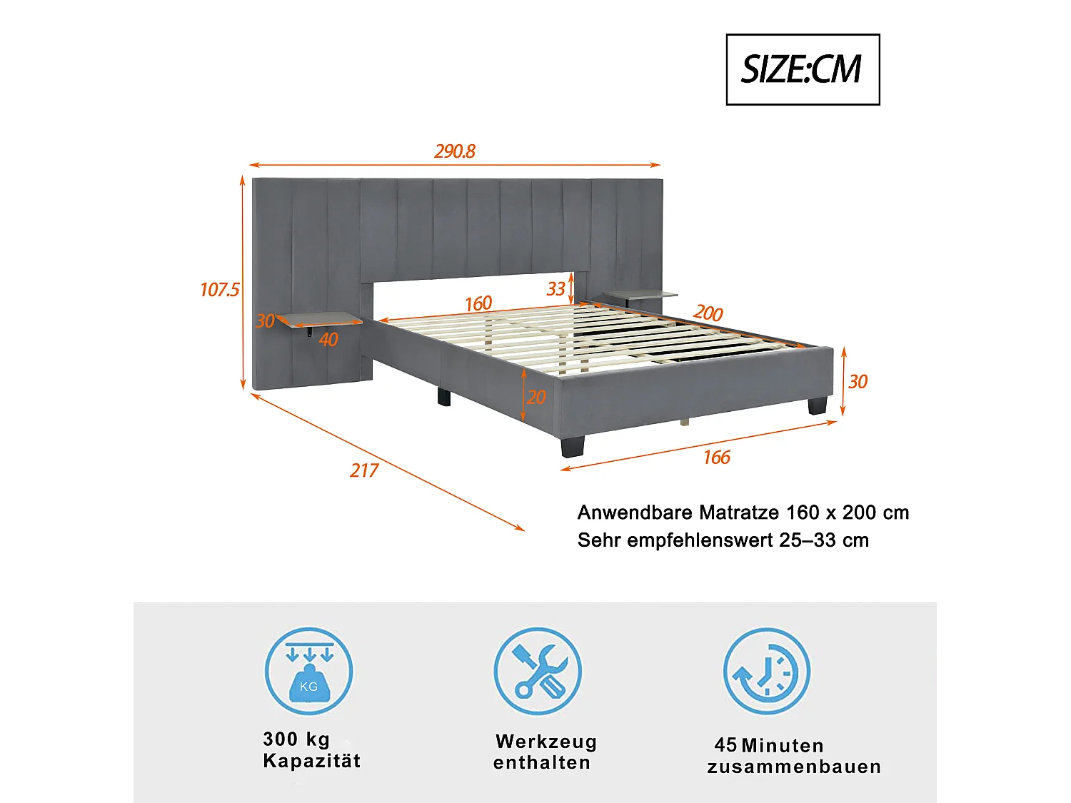 Gestoffeerd bed 160 x 200 cm met langwerpig hoofdeinde en rugleuning - planken - fluweel - grijs
