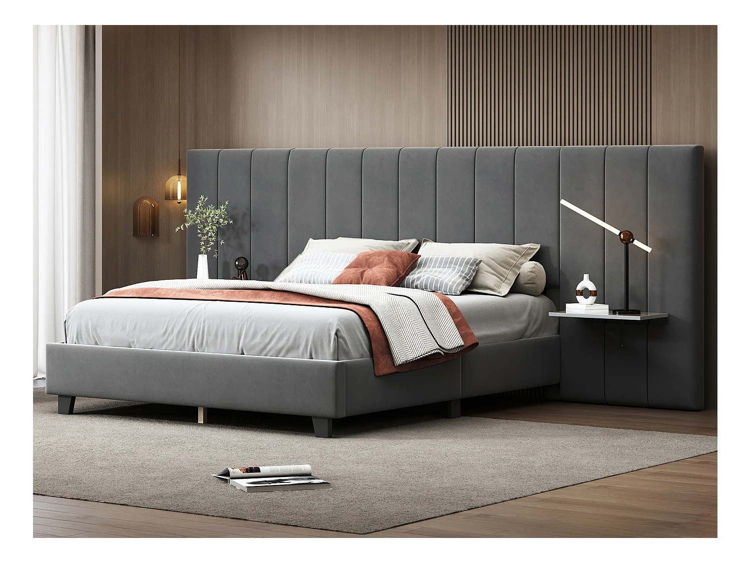 Gestoffeerd bed 160 x 200 cm met langwerpig hoofdeinde en rugleuning - planken - fluweel - grijs