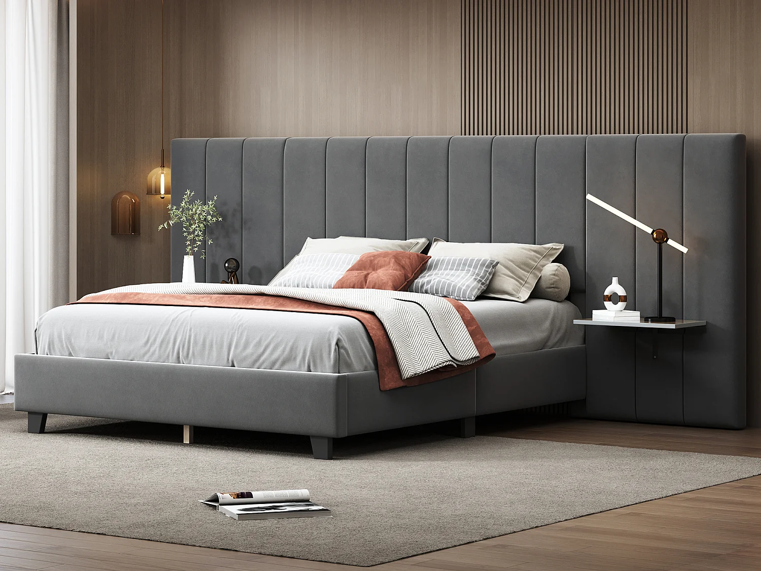 Lit capitonné 160 x 200 cm avec tête de lit et dossier allongés - étagères - velours - gris