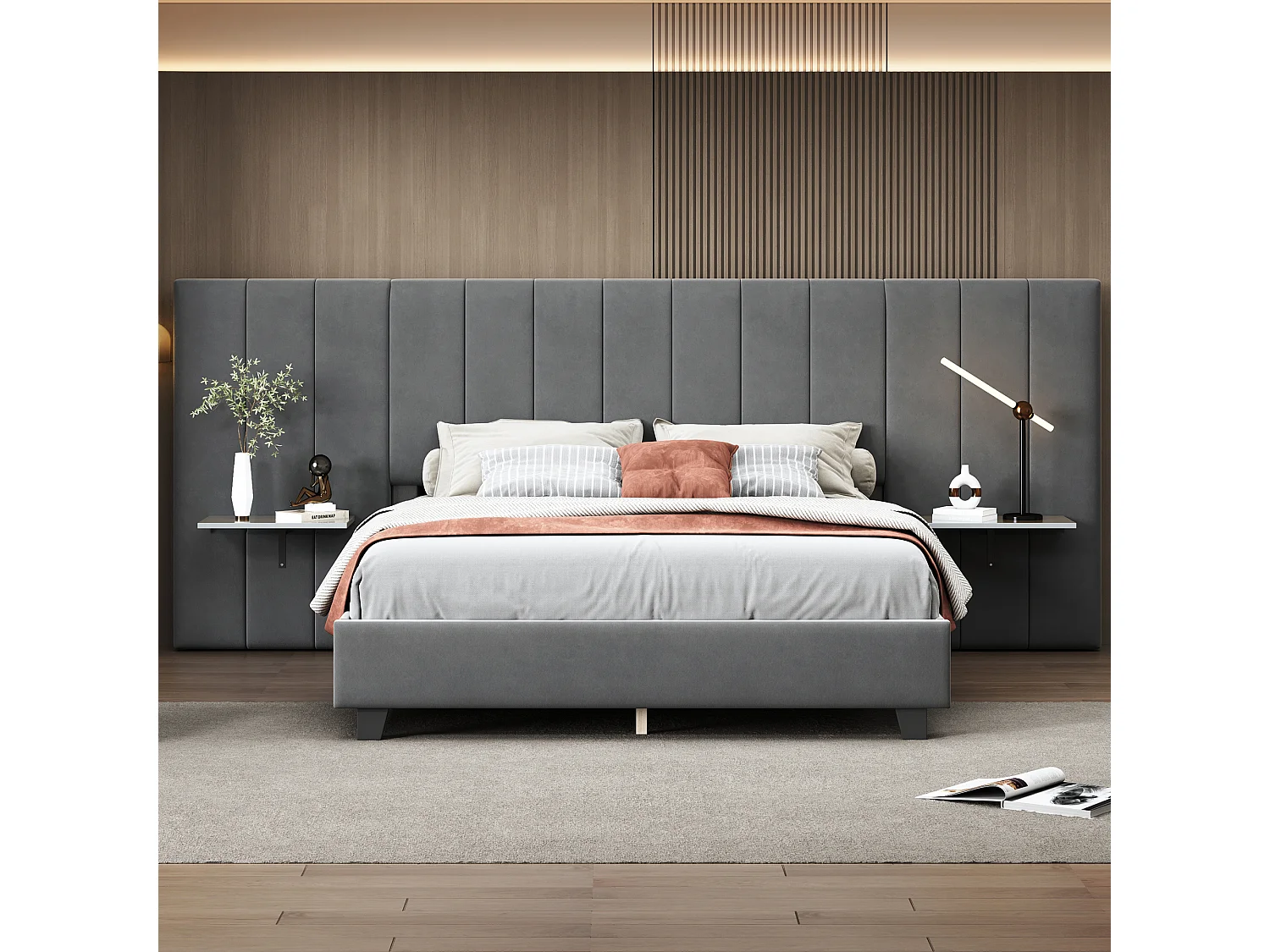 Lit capitonné 160 x 200 cm avec tête de lit et dossier allongés - étagères - velours - gris