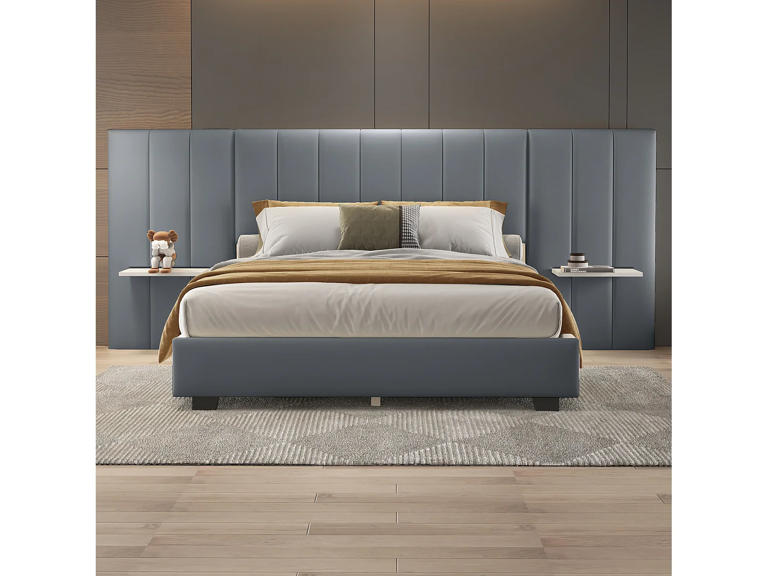 Lit capitonné 160 x 200 cm avec tête de lit et dossier allongés - étagères - velours - gris