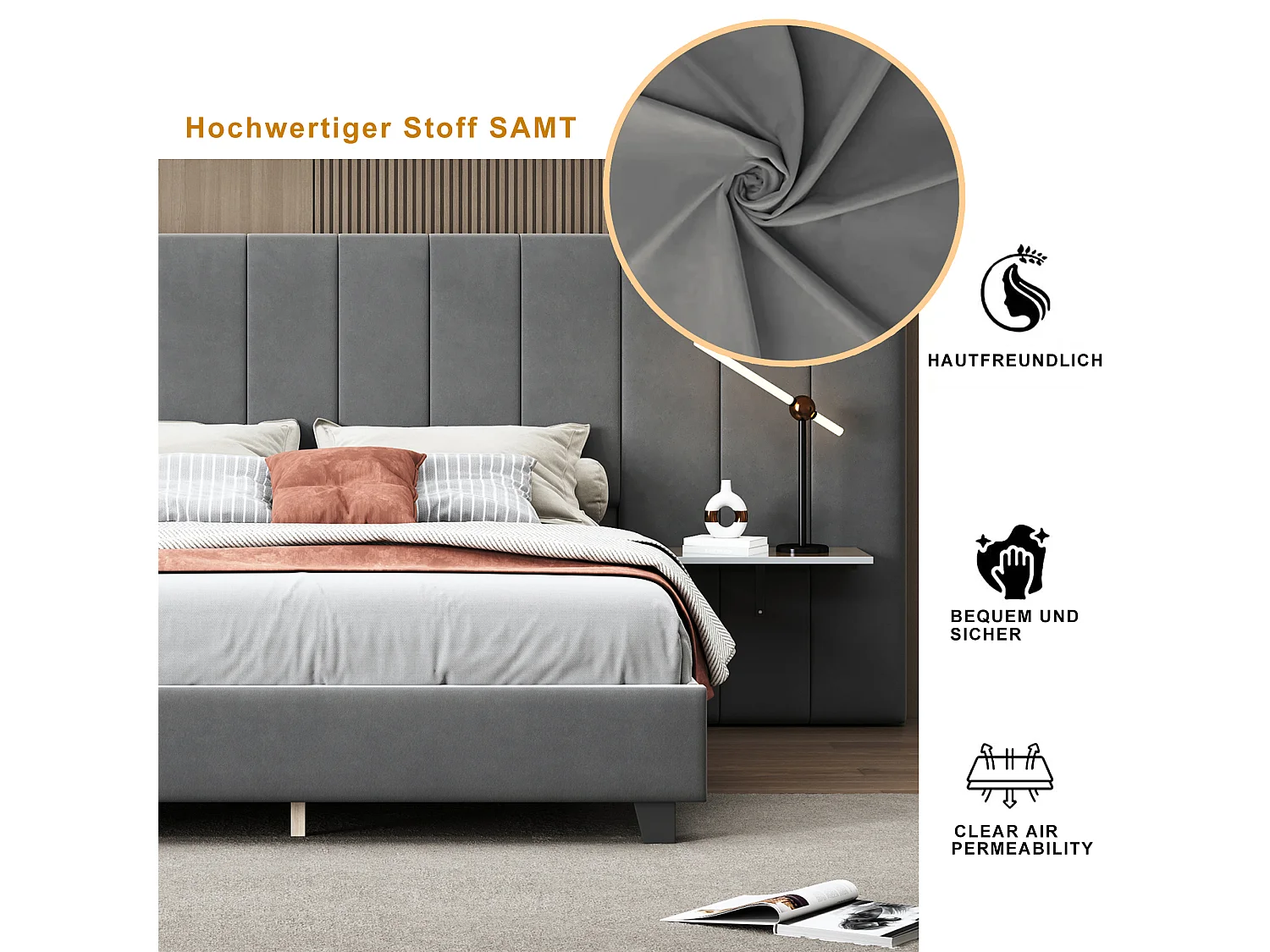 Lit capitonné 160 x 200 cm avec tête de lit et dossier allongés - étagères - velours - gris