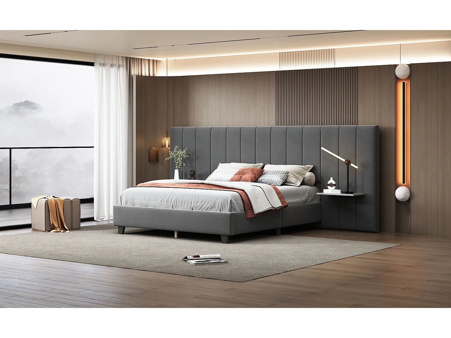 Lit capitonné 160 x 200 cm avec tête de lit et dossier allongés - étagères - velours - gris