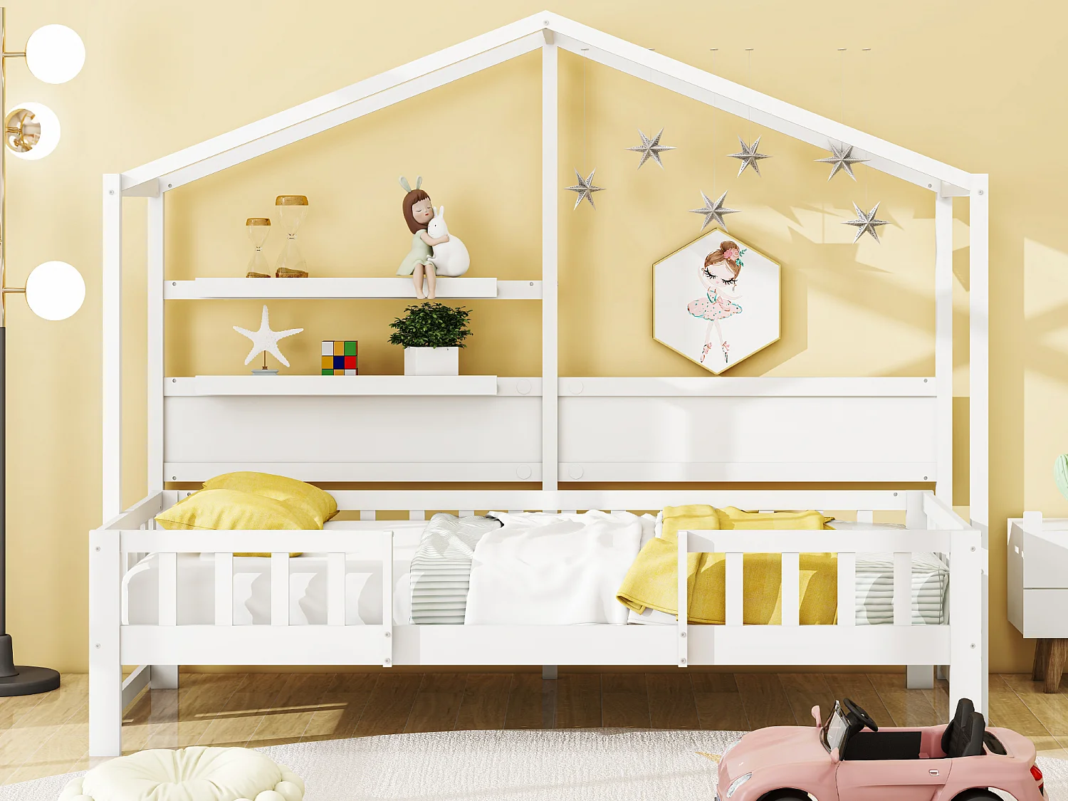 Hochbett 90 x 200 cm – Schlafsofa – Massivholz – Dach und Regale – Weiß