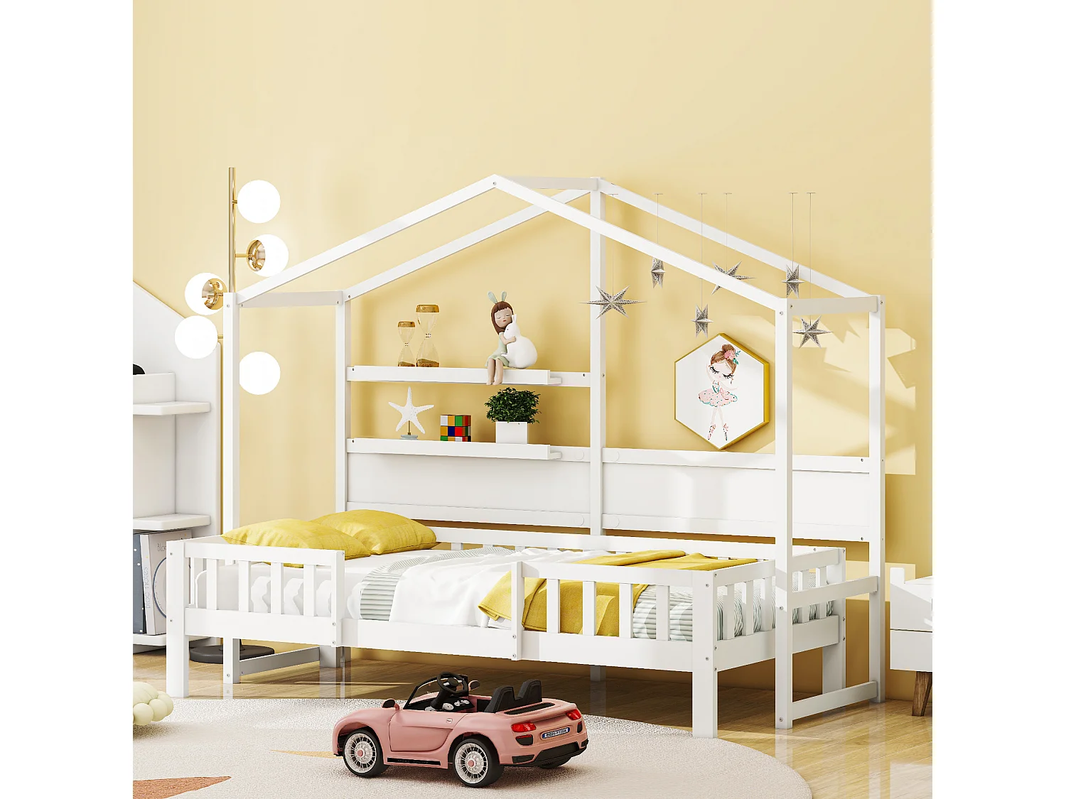 Hochbett 90 x 200 cm – Schlafsofa – Massivholz – Dach und Regale – Weiß