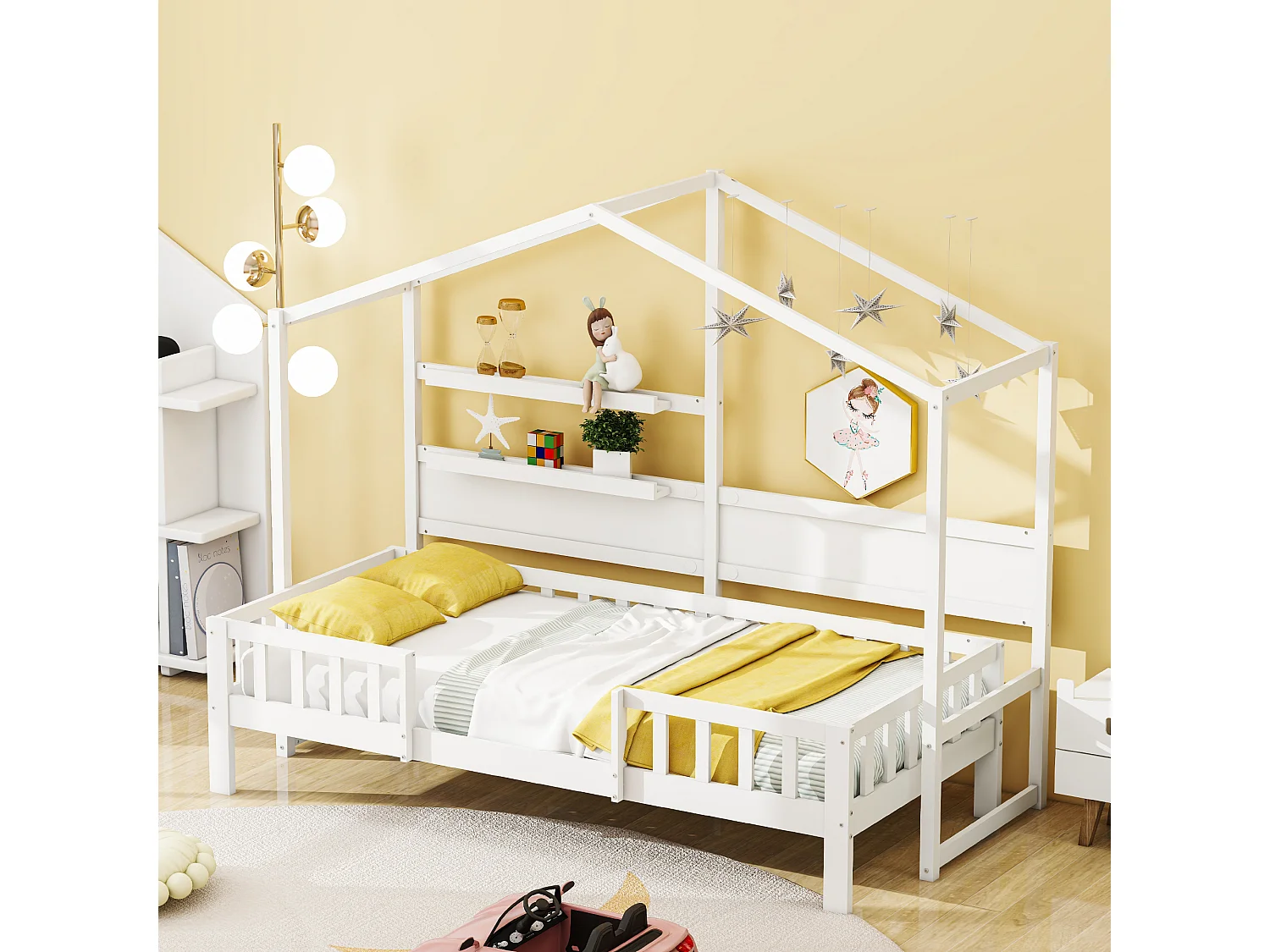 Hochbett 90 x 200 cm – Schlafsofa – Massivholz – Dach und Regale – Weiß