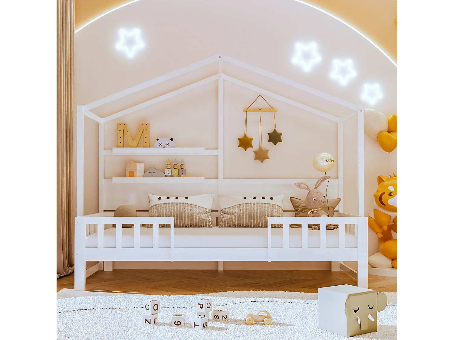 Hochbett 90 x 200 cm – Schlafsofa – Massivholz – Dach und Regale – Weiß