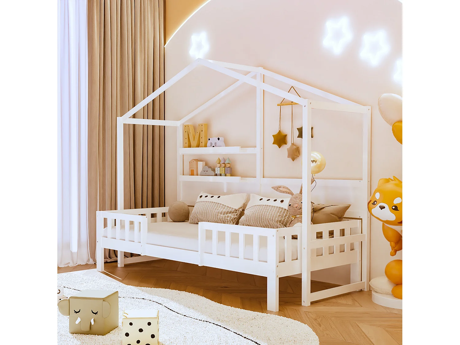 Hochbett 90 x 200 cm – Schlafsofa – Massivholz – Dach und Regale – Weiß