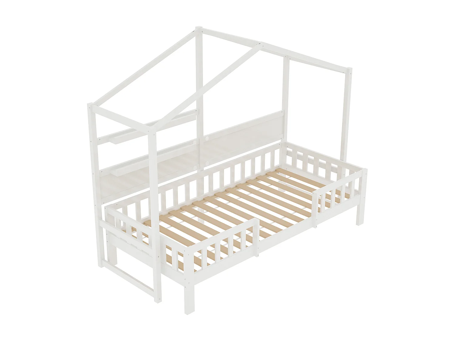 Hochbett 90 x 200 cm – Schlafsofa – Massivholz – Dach und Regale – Weiß