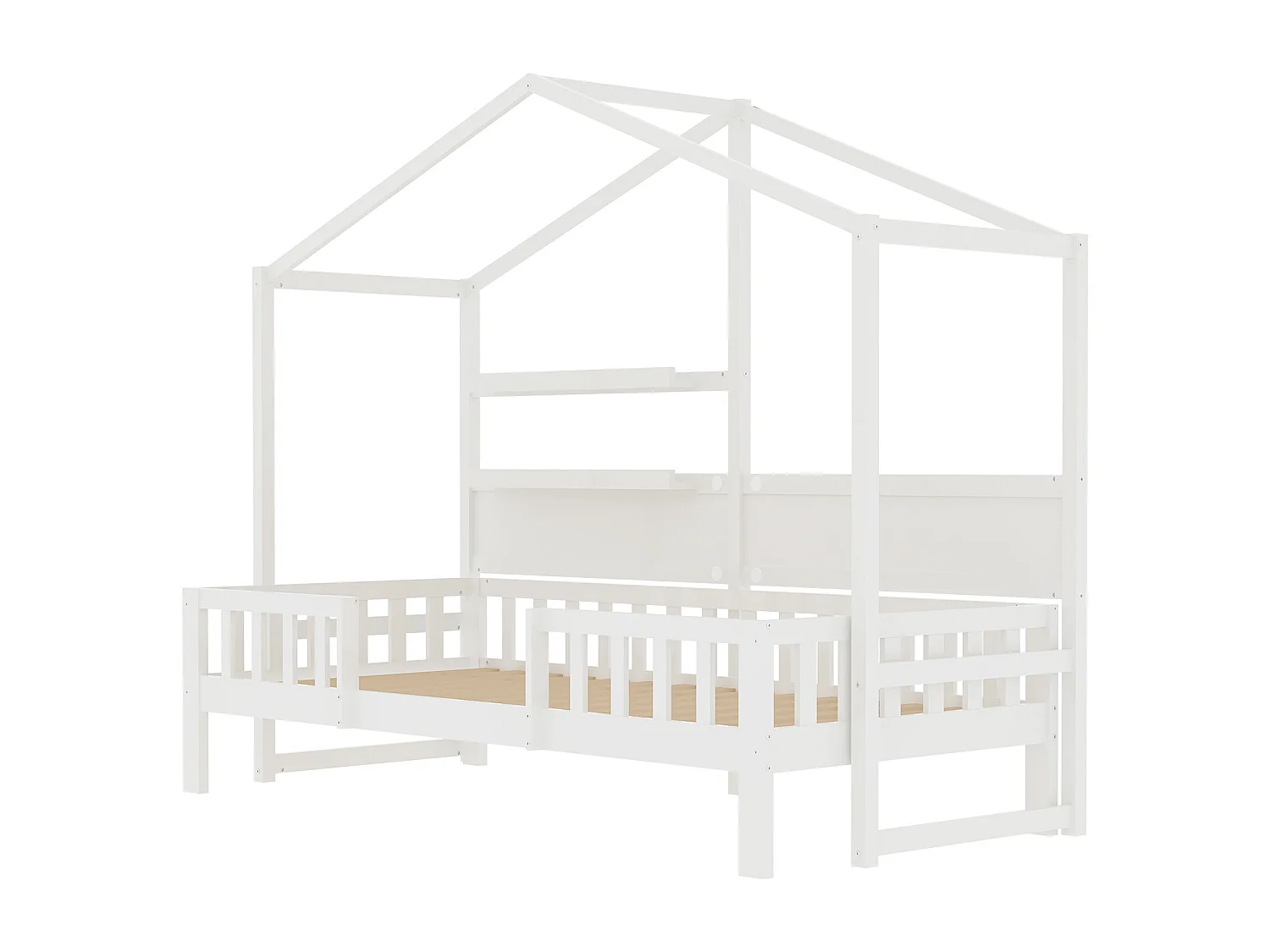 Hochbett 90 x 200 cm – Schlafsofa – Massivholz – Dach und Regale – Weiß