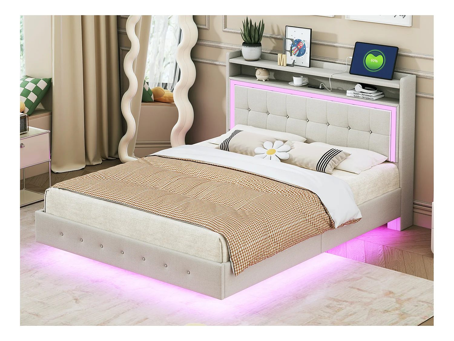 Lit capitonné 140 x 200 cm avec tête de lit - prise USB + LEDs - tissu lin - beige