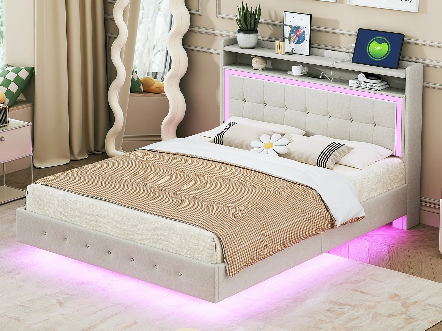 Letto imbottito 140 x 200 cm con testiera - presa USB + led - tessuto lino - beige
