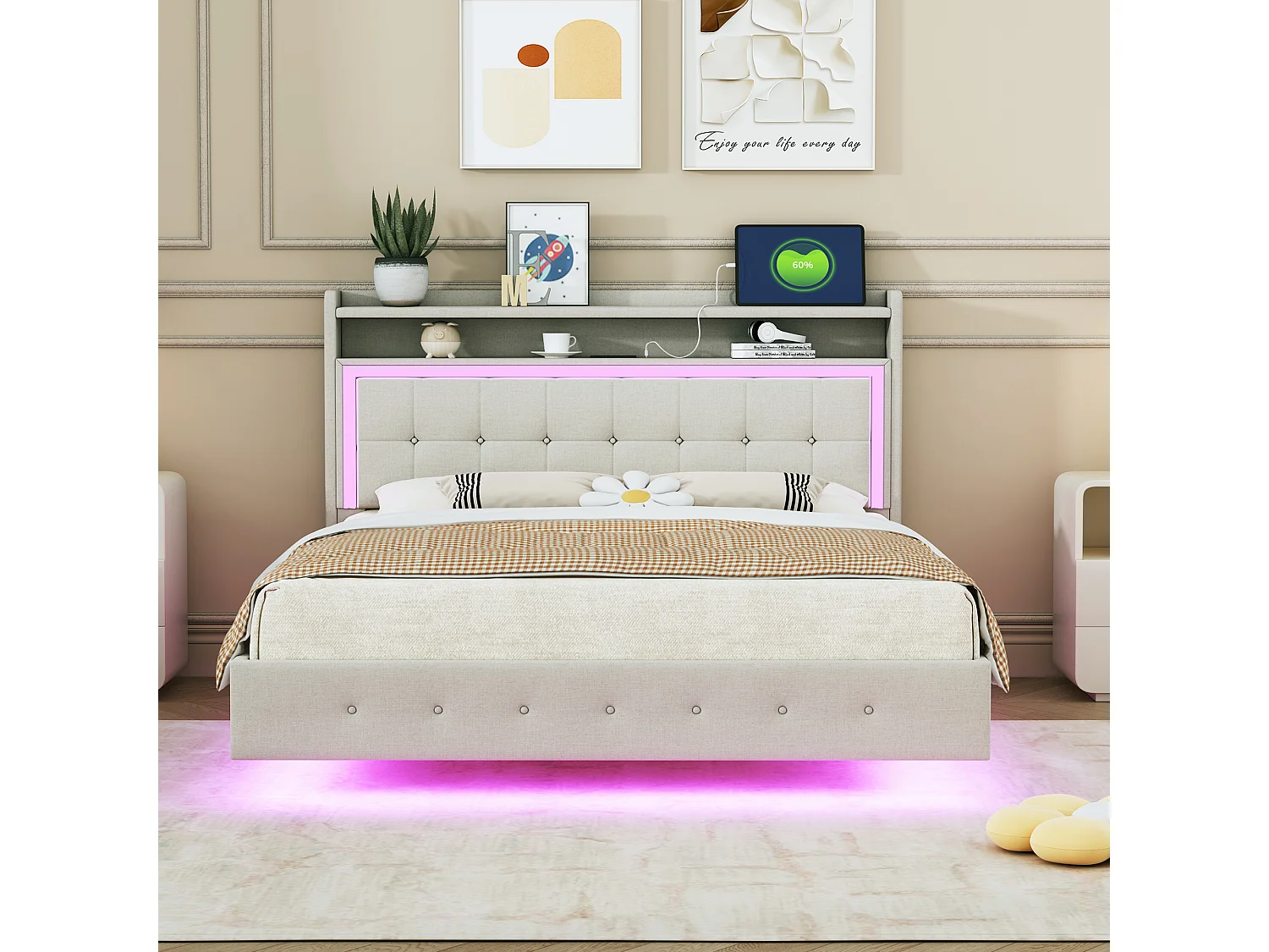 Letto imbottito 140 x 200 cm con testiera - presa USB + led - tessuto lino - beige