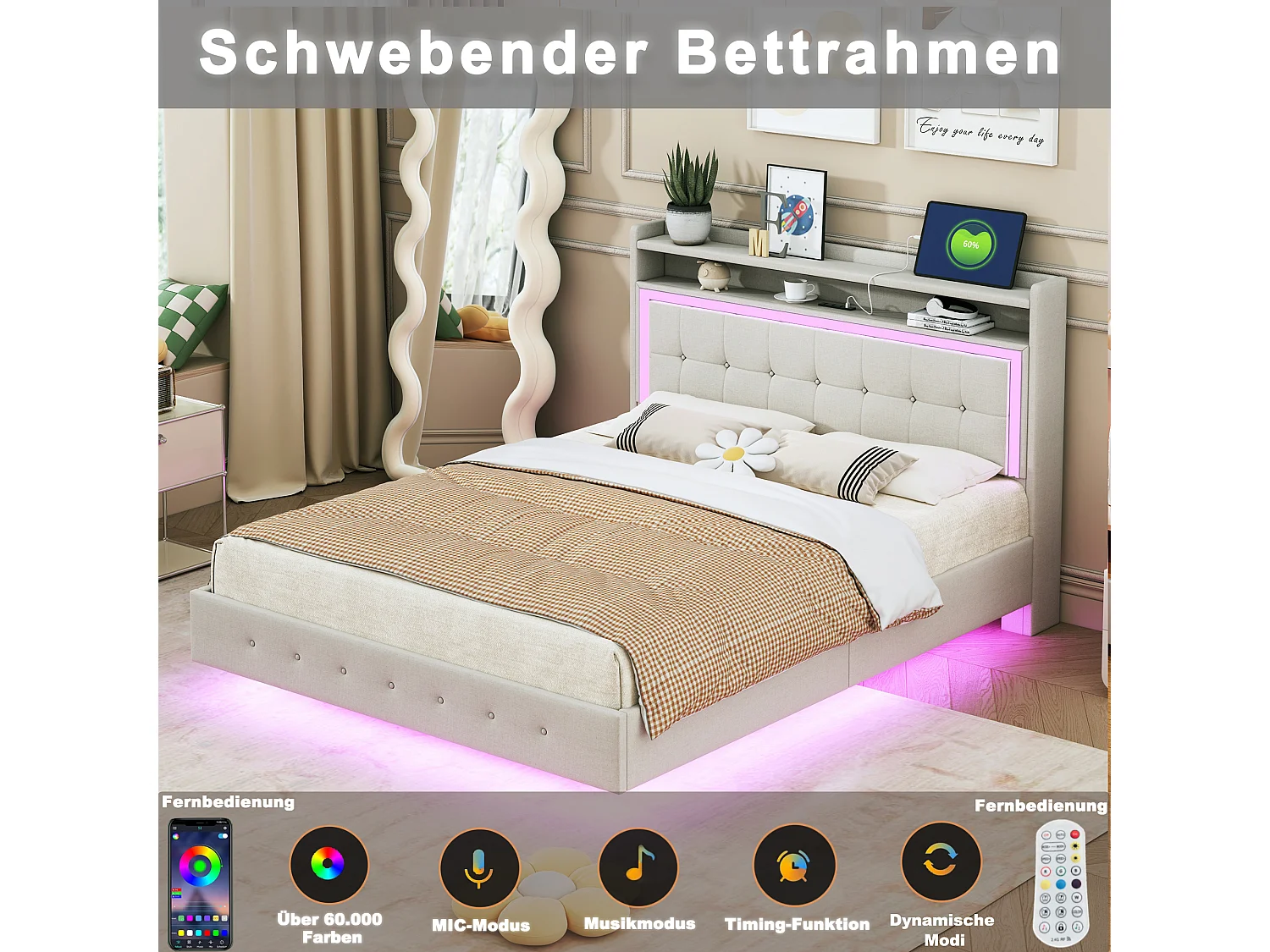 Letto imbottito 140 x 200 cm con testiera - presa USB + led - tessuto lino - beige