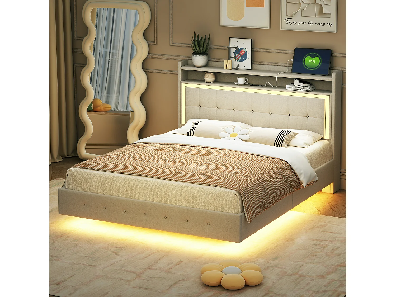 Letto imbottito 140 x 200 cm con testiera - presa USB + led - tessuto lino - beige