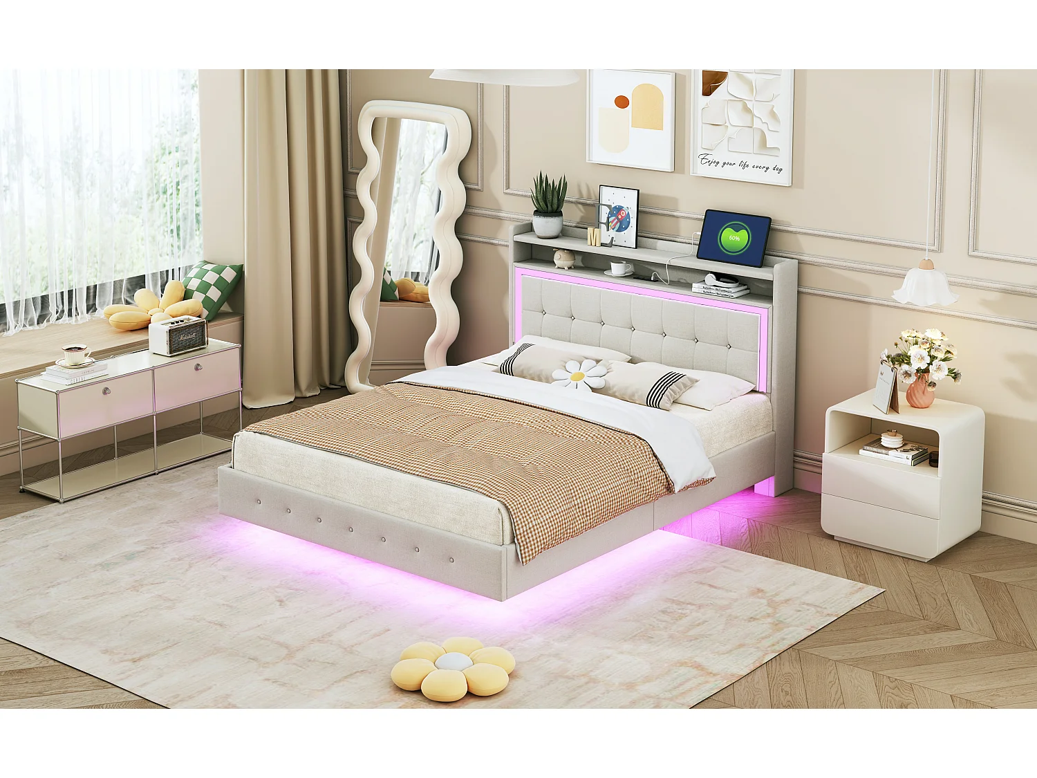 Letto imbottito 140 x 200 cm con testiera - presa USB + led - tessuto lino - beige