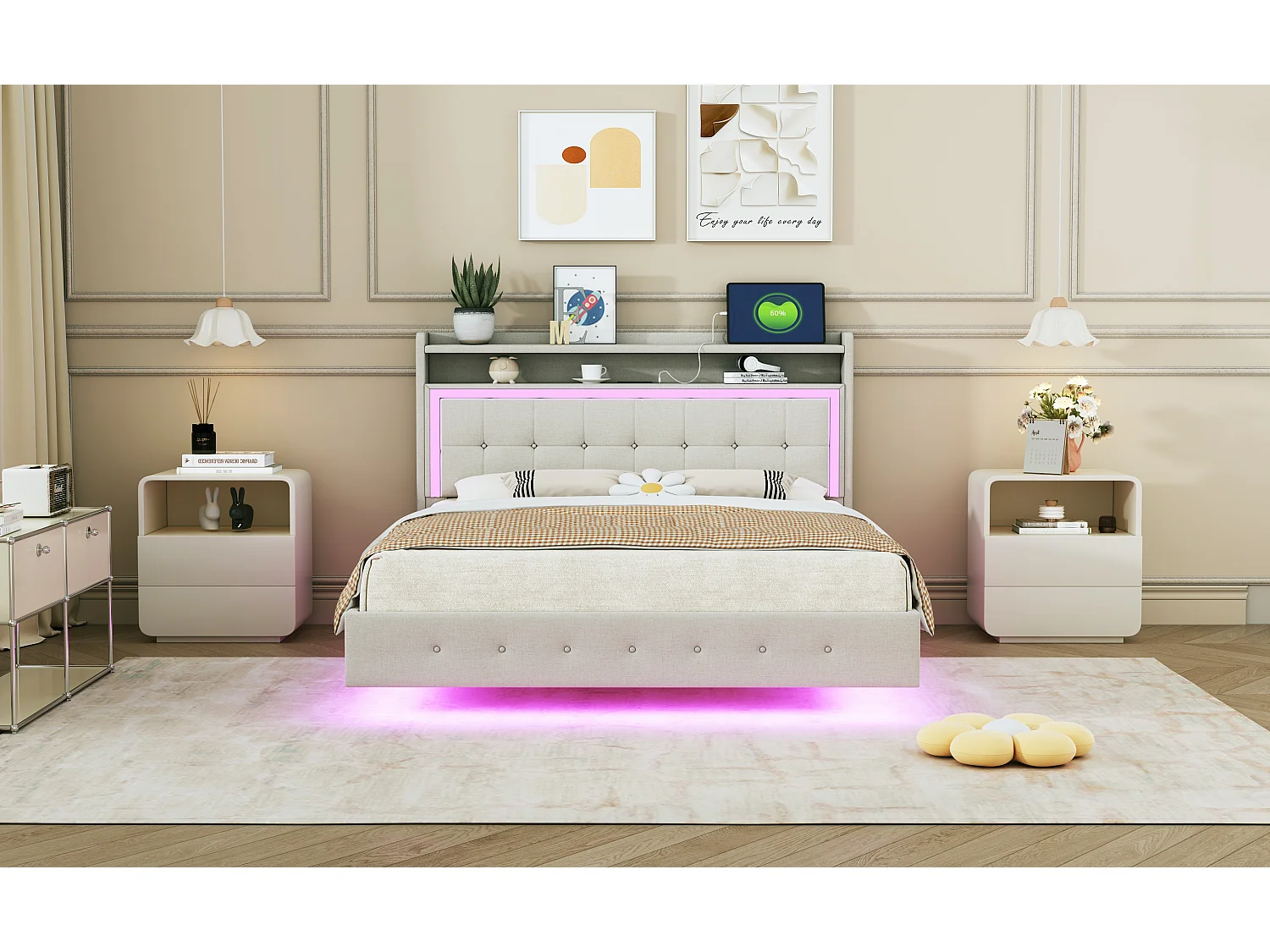 Letto imbottito 140 x 200 cm con testiera - presa USB + led - tessuto lino - beige