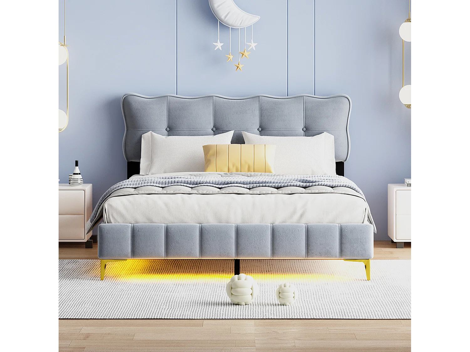 Gestoffeerd bed 160 x 200 cm met hoofdeinde - LED's - Fluweel - Grijs