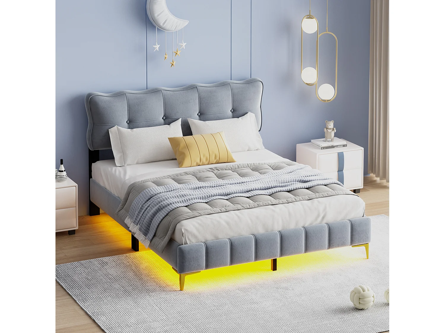 Gestoffeerd bed 160 x 200 cm met hoofdeinde - LED's - Fluweel - Grijs