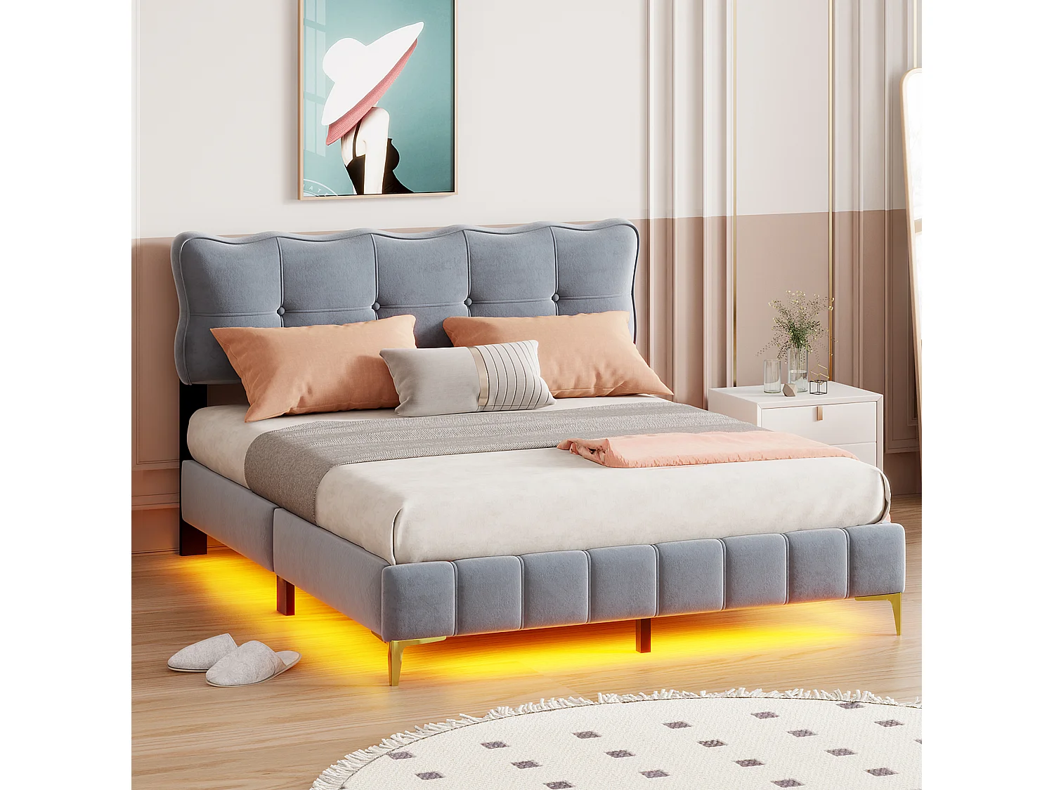 Gestoffeerd bed 160 x 200 cm met hoofdeinde - LED's - Fluweel - Grijs