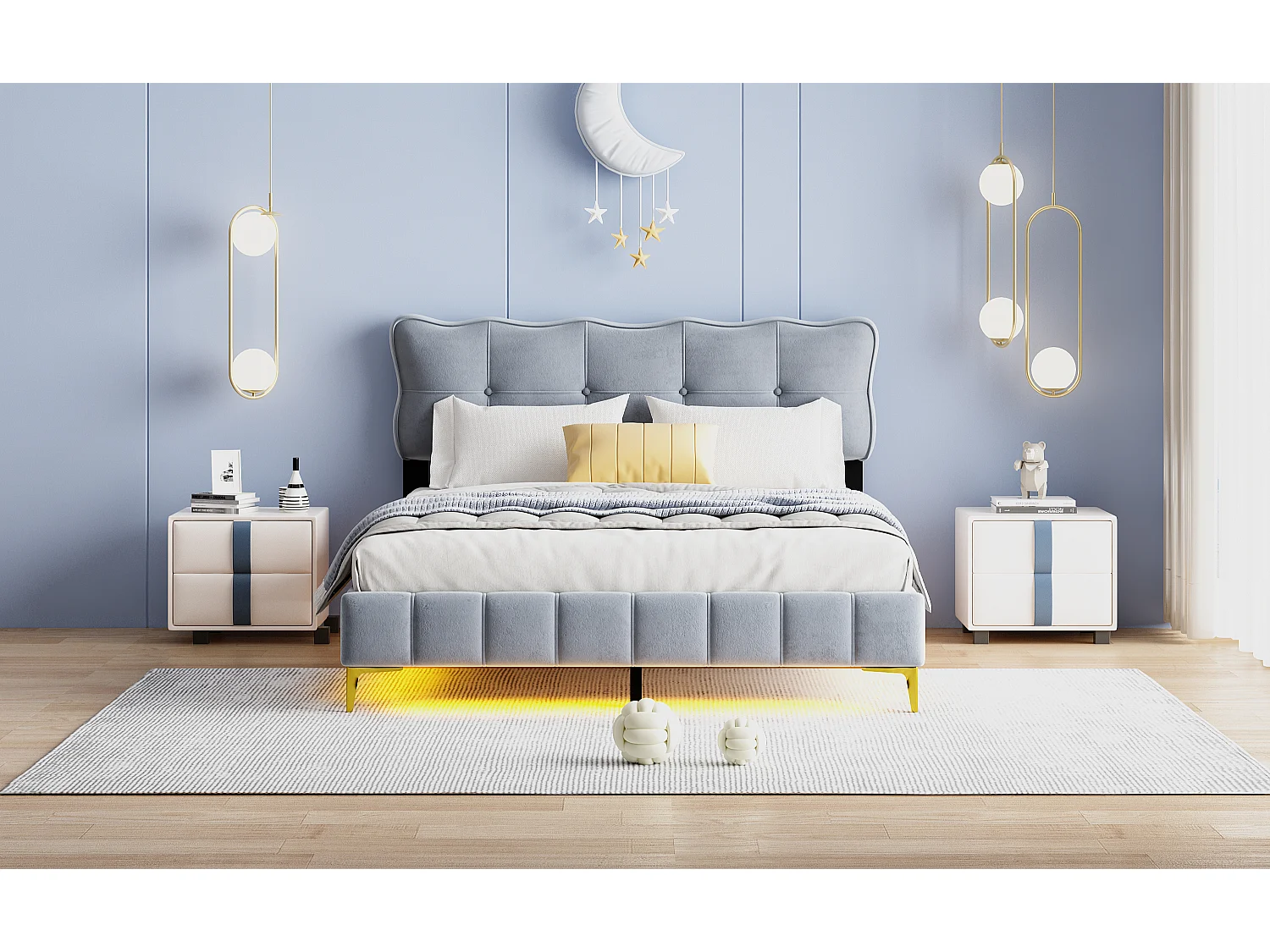 Gestoffeerd bed 160 x 200 cm met hoofdeinde - LED's - Fluweel - Grijs