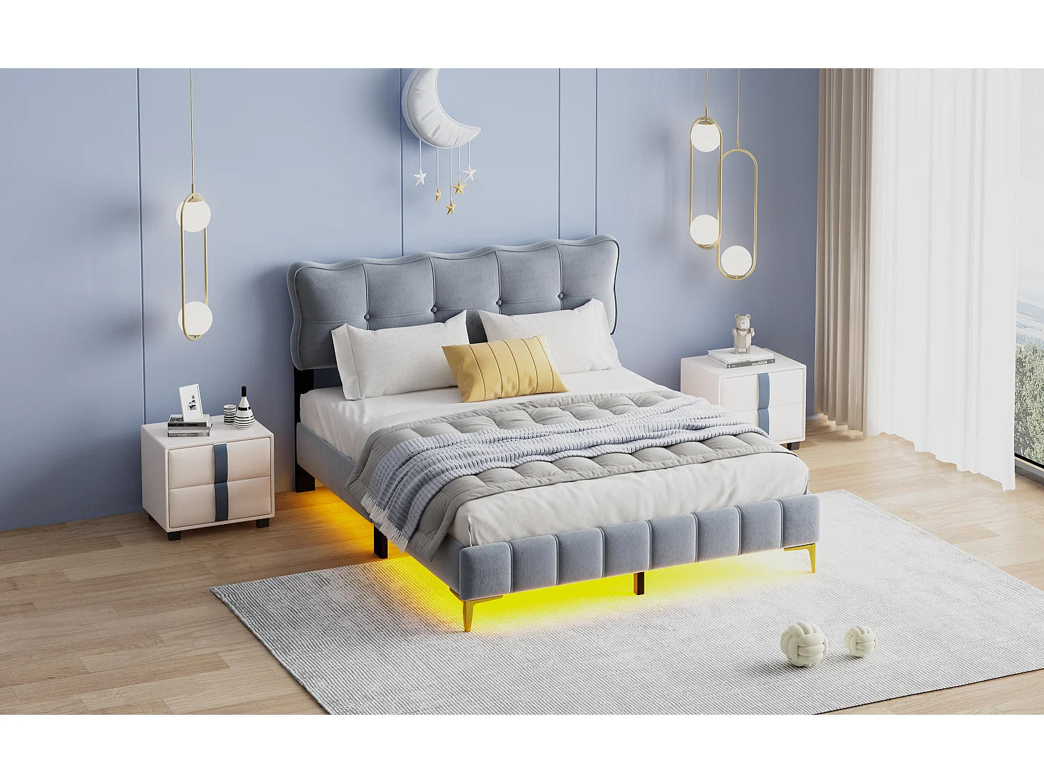 Gestoffeerd bed 160 x 200 cm met hoofdeinde - LED's - Fluweel - Grijs