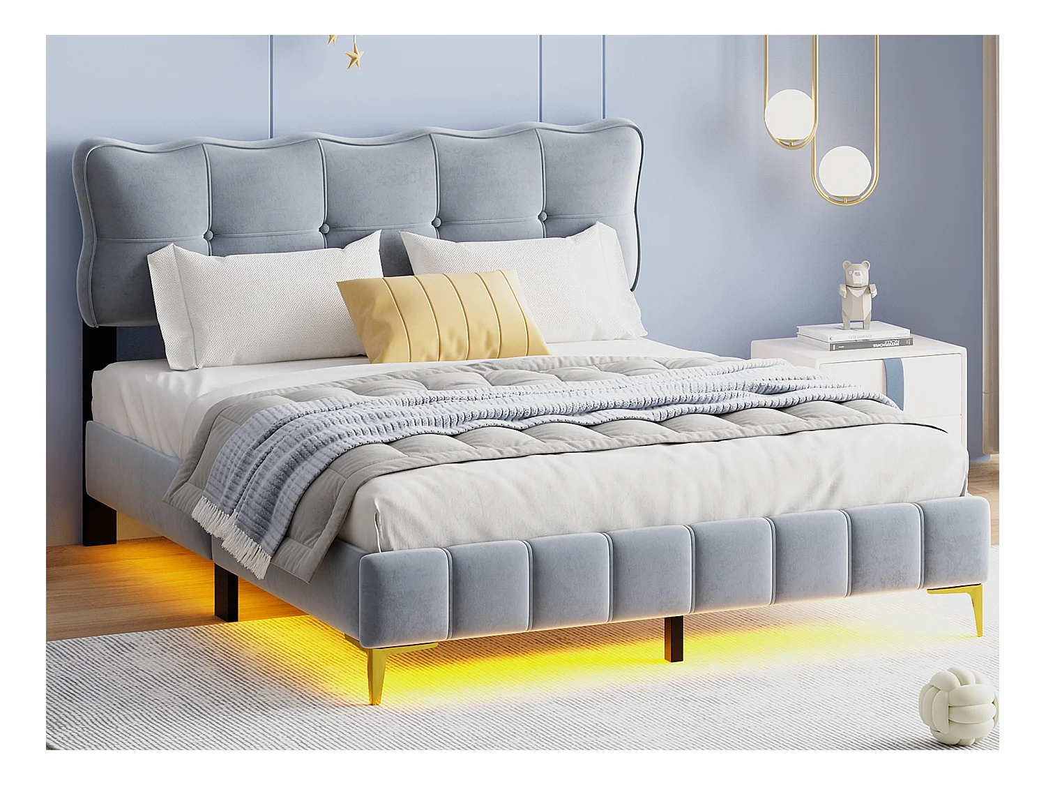 Polsterbett 160 x 200 cm mit Kopfteil – LEDs – Samt – Grau