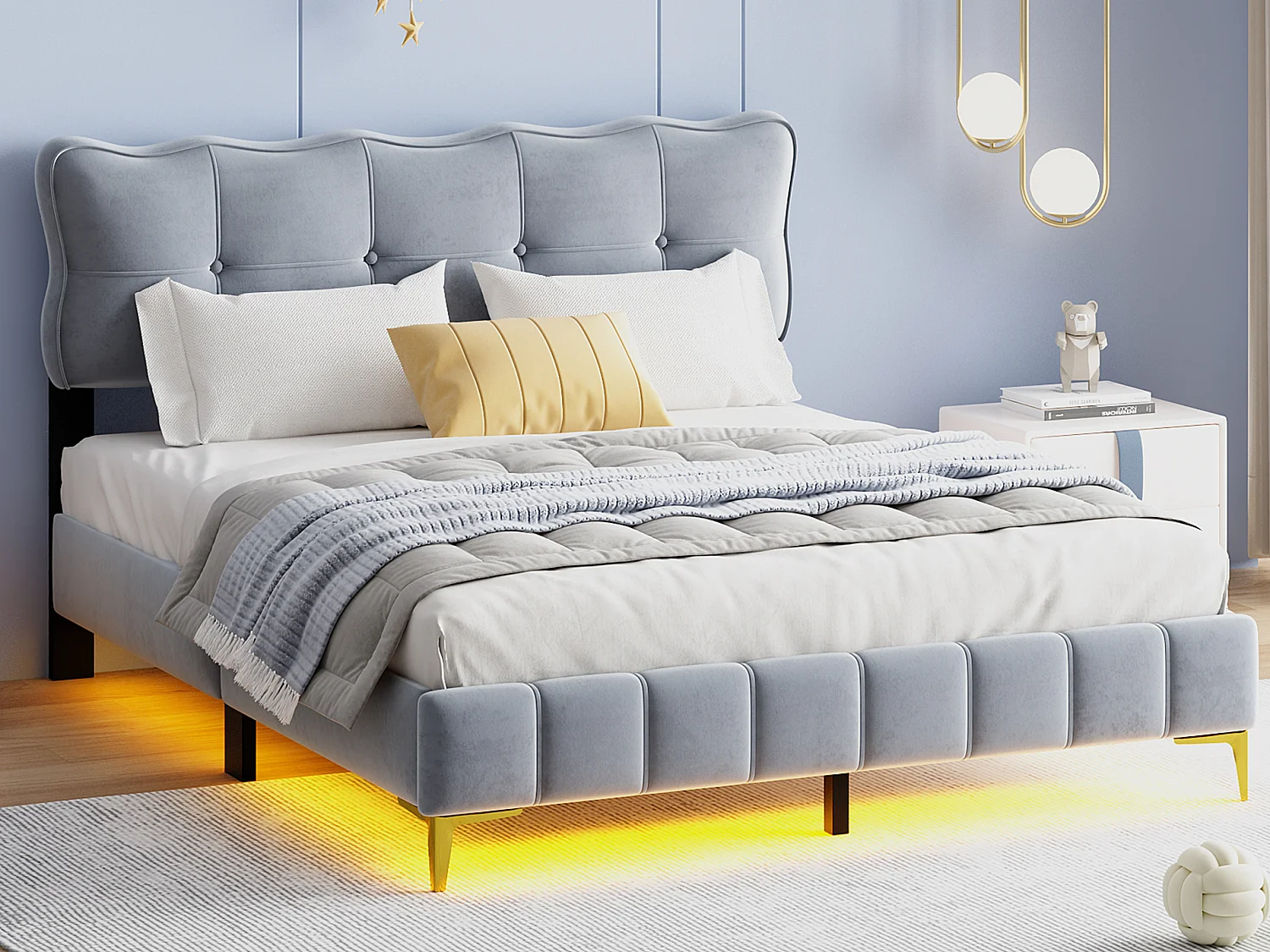 Lit capitonné 160 x 200 cm avec tête de lit - LEDs - Velours - Gris