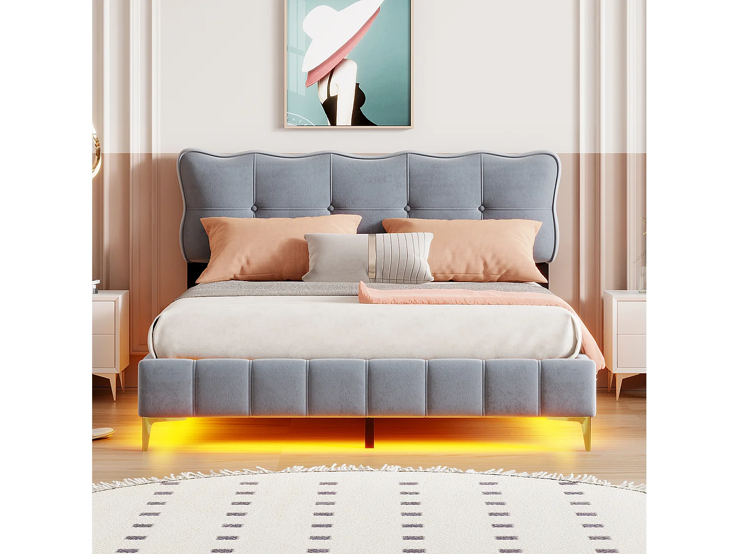 Lit capitonné 160 x 200 cm avec tête de lit - LEDs - Velours - Gris
